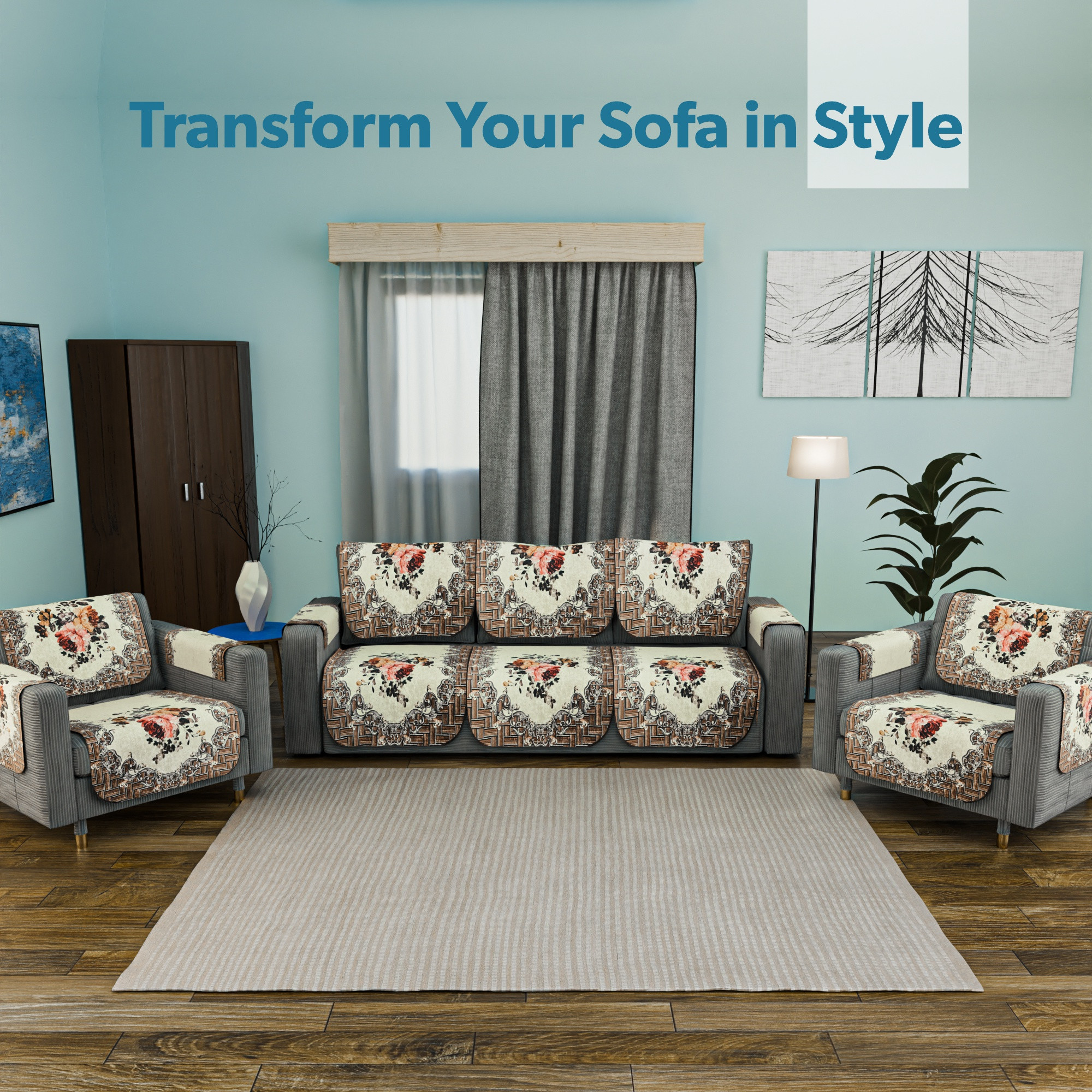 Kuber Industries Set of 4 Classic 2 Seater Velvet Sofa Cover Cloth  Washable  Durable Sofa Slipcover Set - Ideal Sofa Protector for Home  Office  Check Border - Cream  Brown