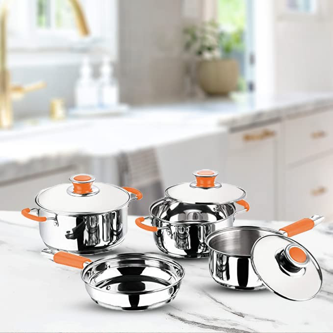 Kuber Industries Set of 4 Stainless Steel Cookware Set I Induction Base Cookware I Saucepan (1.4 L), Kadai (2.0 L), Casserole (2.5 L), Frypan (1 L) and 3 Lids I Heavy Gauge Steel