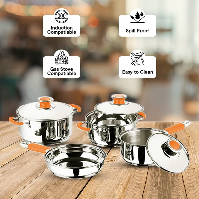 Kuber Industries Set of 4 Stainless Steel Cookware Set I Induction Base Cookware I Saucepan (1.4 L), Kadai (2.0 L), Casserole (2.5 L), Frypan (1 L) and 3 Lids I Heavy Gauge Steel