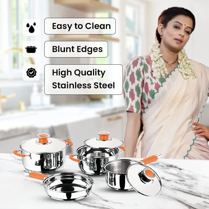 Kuber Industries Set of 4 Stainless Steel Cookware Set I Induction Base Cookware I Saucepan (1.4 L), Kadai (2.0 L), Casserole (2.5 L), Frypan (1 L) and 3 Lids I Heavy Gauge Steel