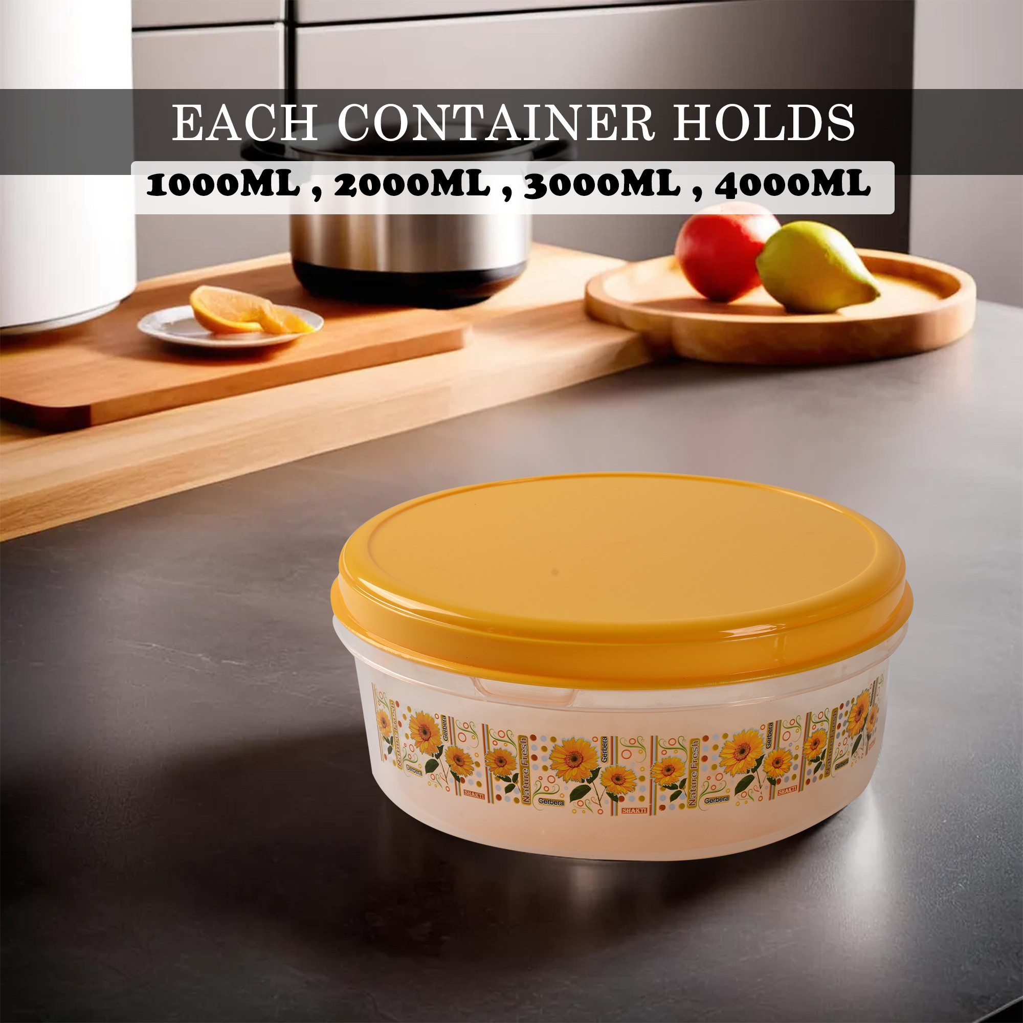 Kuber Industries Set of 4 Storage Containers  Kitchen Containers  Each 1 Pcs 1000-2000-3000-4000 ML  Multipurpose Food Storage Containers for Dry Fruits Rice Dal  Cereals  Papad Box  Yellow