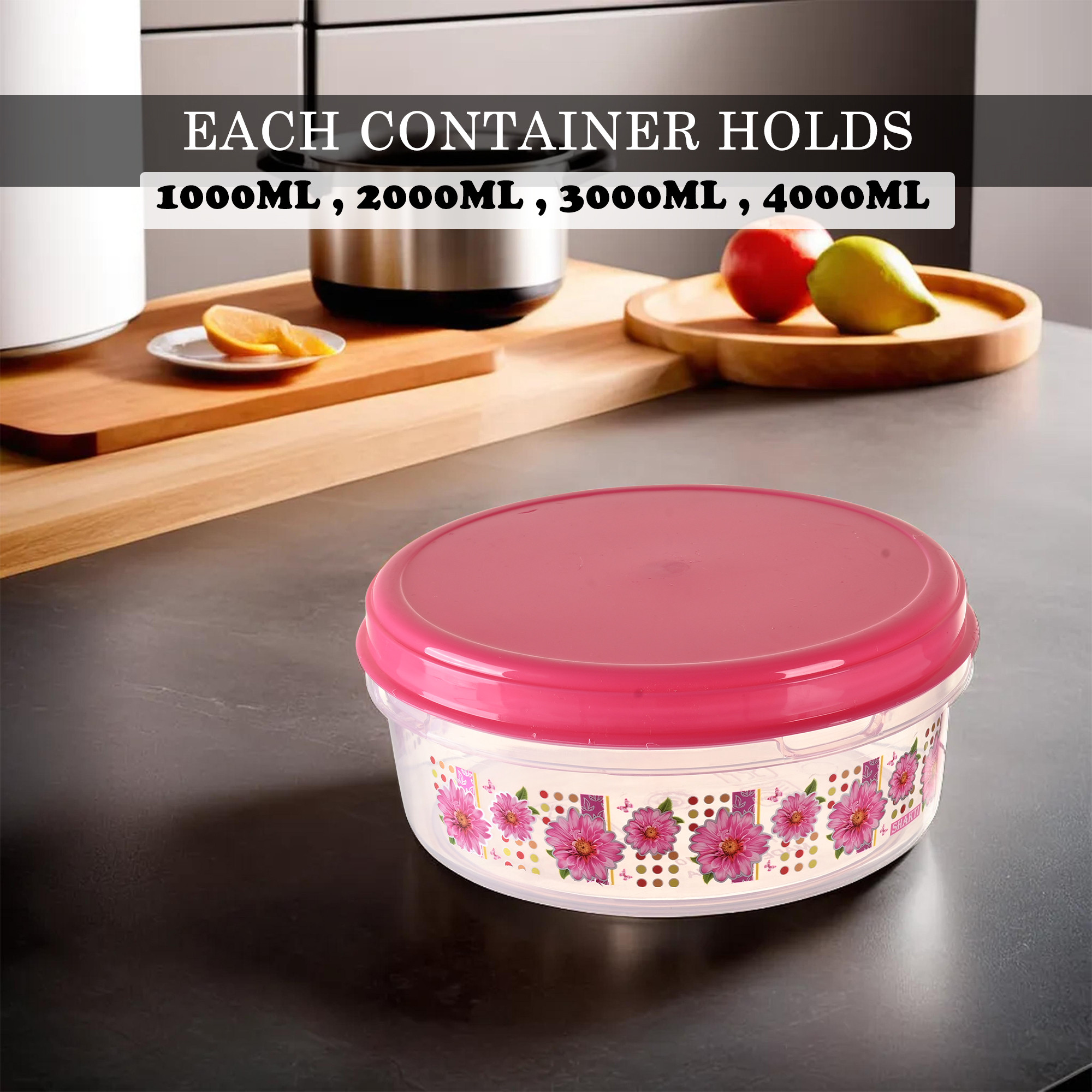 Kuber Industries Set of 4 Storage Containers  Kitchen Containers  Each 1 Pcs 1000-2000-3000-4000 ML  Multipurpose Food Storage Containers for Dry Fruits Rice Dal  Cereals  Papad Box  Pink