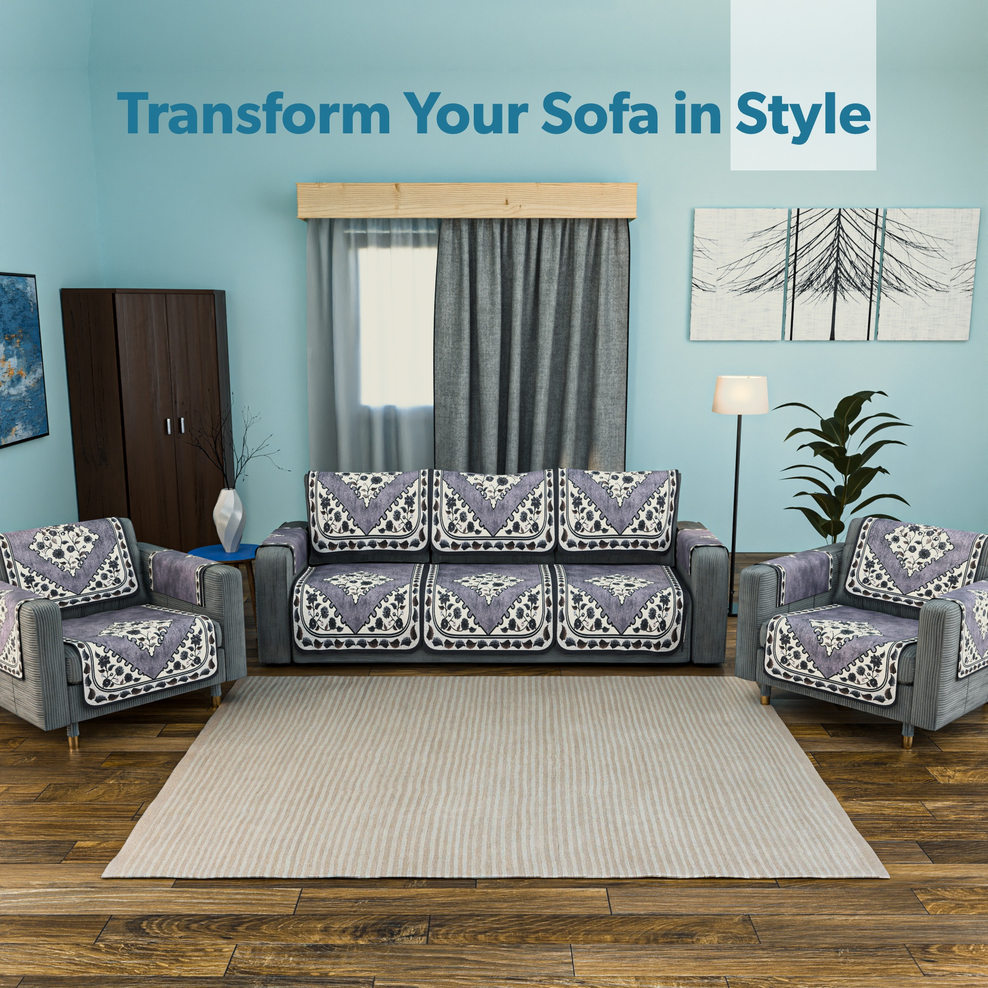Kuber Industries Set of 4 Stylish  Durable Cotton Sofa Covers 2 Seater  Washable Sofa ProtectorMat  Slipcover for Hall Living Room  Office  Triangle Border Flower - Grey
