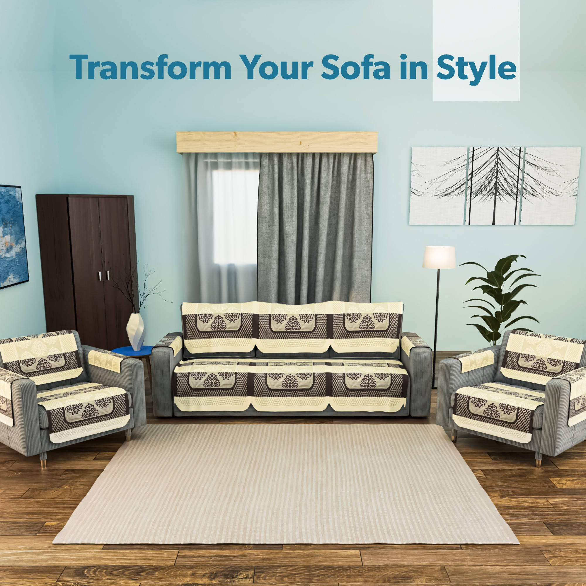 Kuber Industries Set of 4 Stylish  Durable Cotton Sofa Covers 2 Seater  Washable Sofa ProtectorMat  Slipcover for Hall Living Room  Office  Flower Patti - Cream  Brown