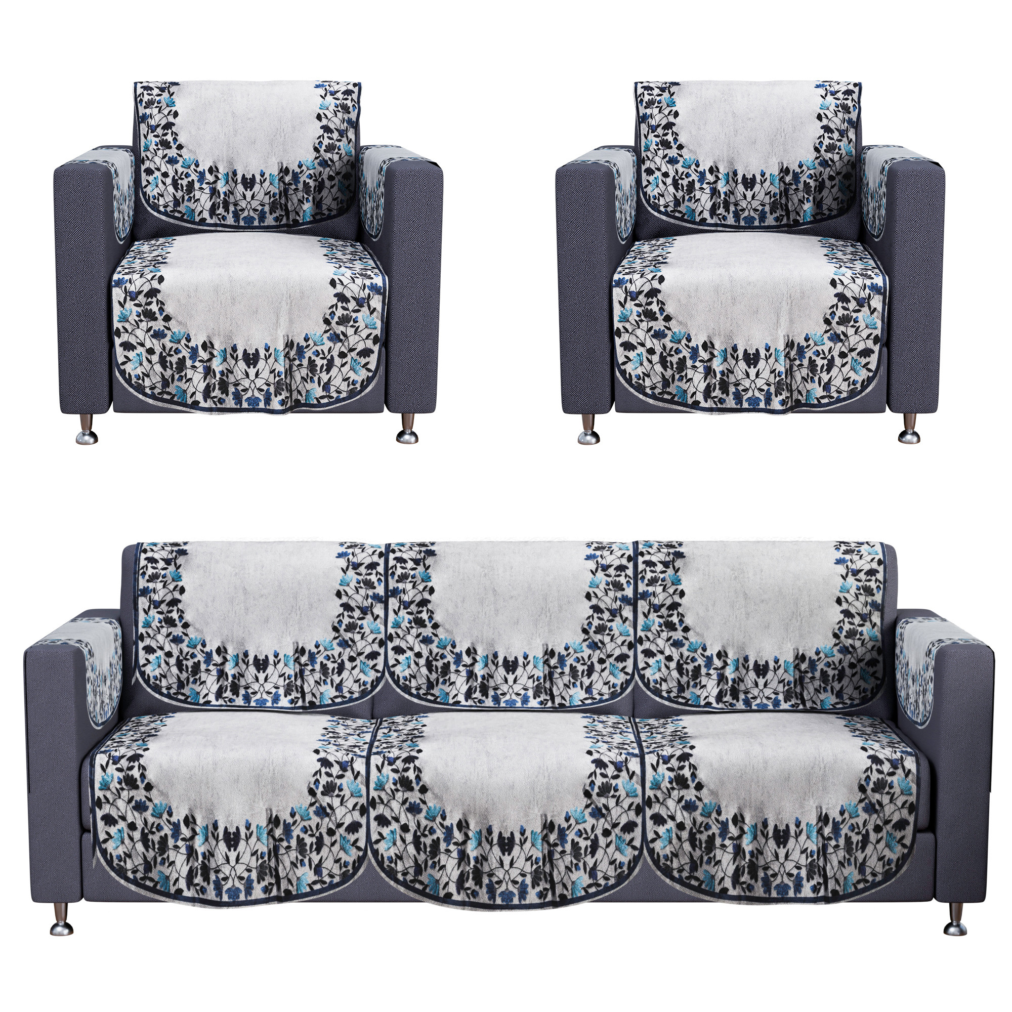 Kuber Industries Set of 4 Stylish  Durable Velvet Sofa Covers 2 Seater  Washable Sofa ProtectorMat  Slipcover for Hall Living Room  Office  Digital Leaf Print - Blue  Grey