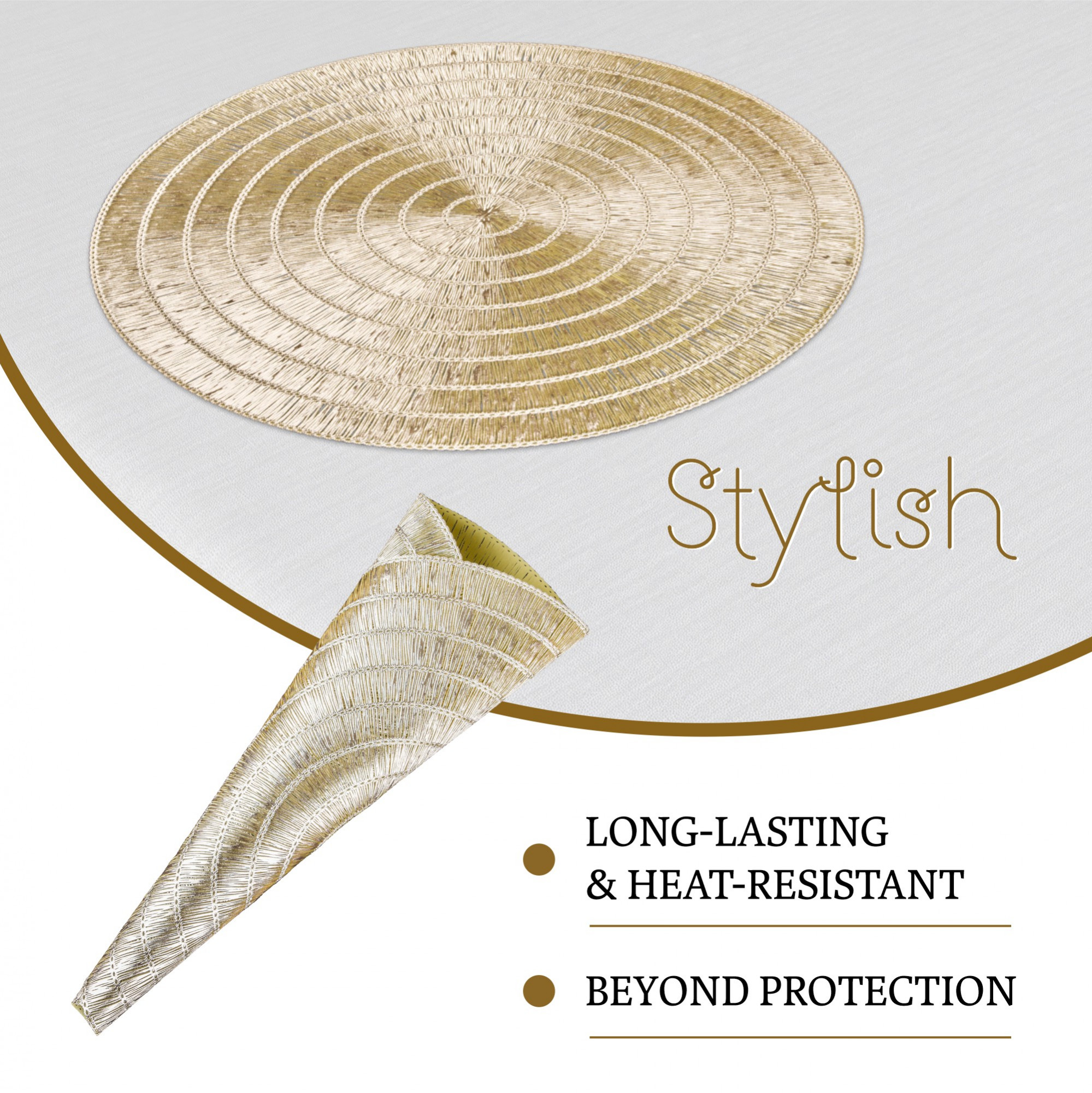 Kuber Industries Set of 4 Table Mats  Round Placemat for Dining Table  Heat-Resistant  Placemats for Cakes  Desserts  Leather Kitchen Placemat  Tableware Dcor  Jute Circle  Golden