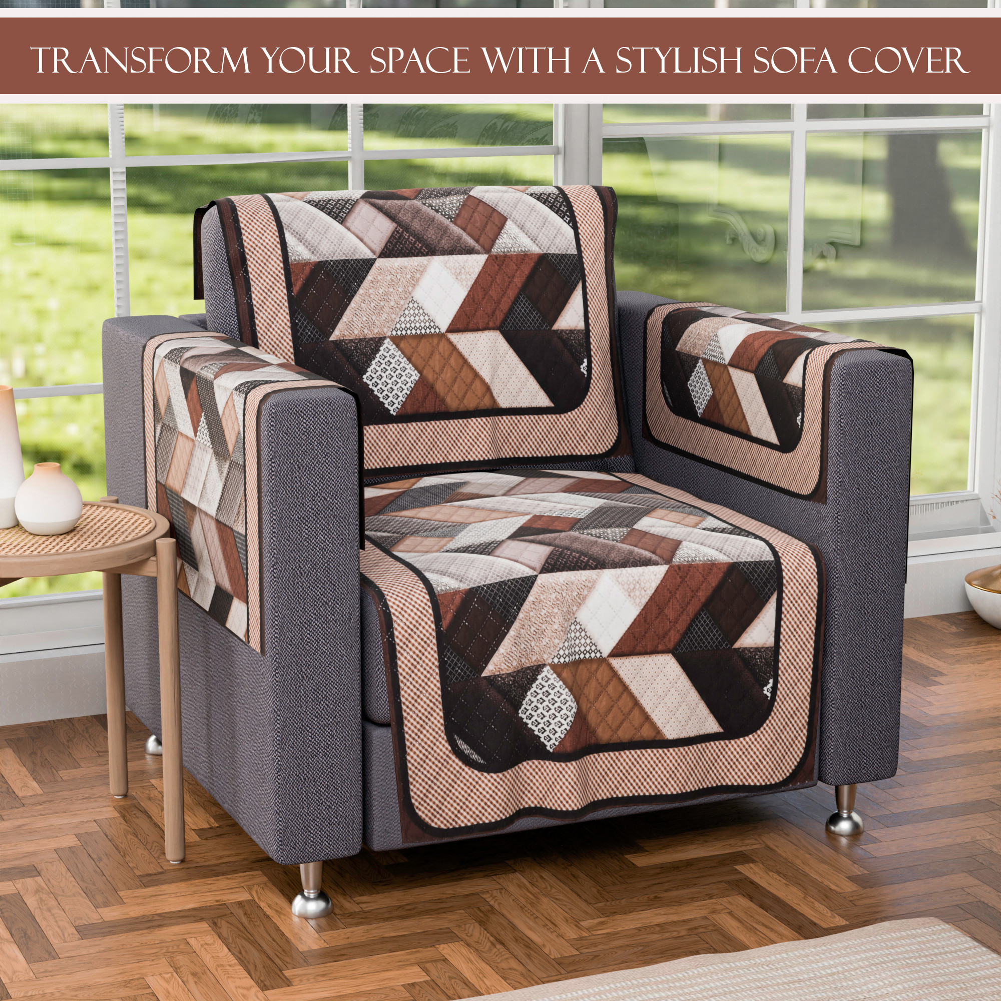 Kuber Industries Set of 4 Velvet 2 Seater Sofa Covers for Living Room  Easy Machine Washable Sofe ke cover for Home Comfort  Triangular-Cream  Brown