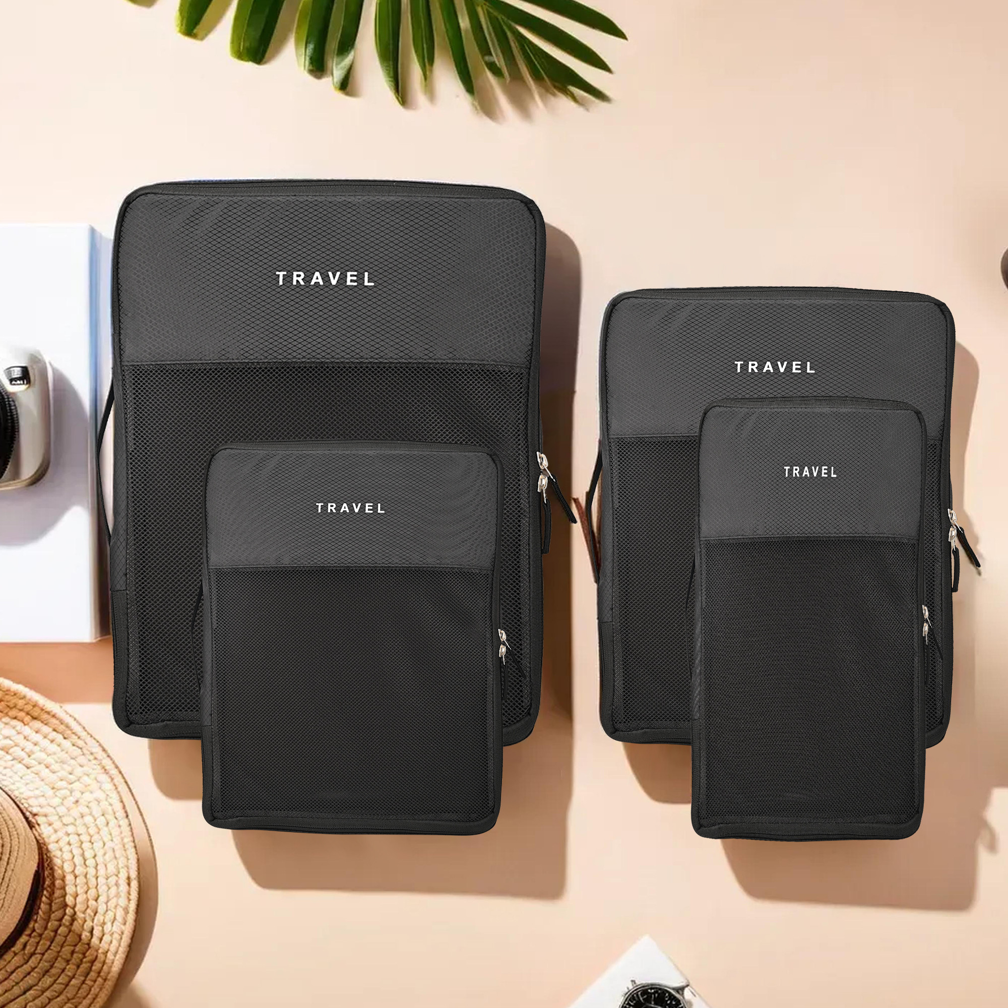 Kuber Industries Set of 4 Waterproof Travel Kit for Toiletries with Handles  Cosmetics Pouch Bathroom Toiletries Bag  Vanity Storage Organiser for Men  Women  Plain Black