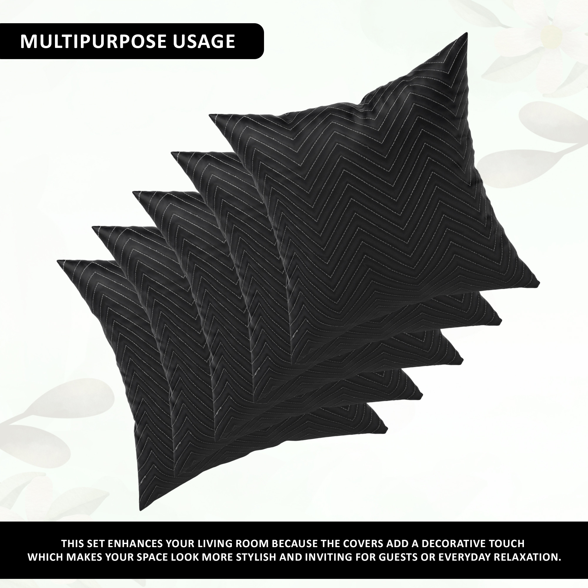 Kuber Industries Set of 5 16x16 Inches Washable  Removable Sofa Pillow Cover with Zip for Living Room  Aesthetic Sofa Cushion Covers for Bedroom  Zig Zag Embroidery - Black