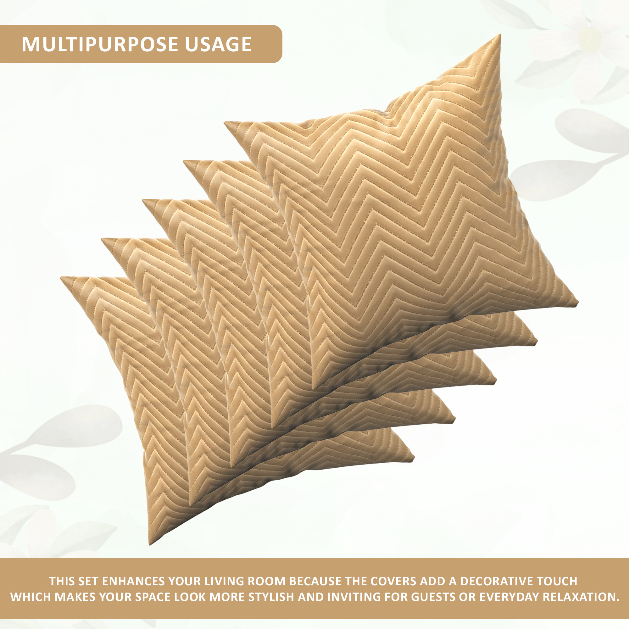 Kuber Industries Set of 5 16x16 Inches Washable  Removable Sofa Pillow Cover with Zip for Living Room  Aesthetic Sofa Cushion Covers for Bedroom  Zig Zag Embroidery - Golden