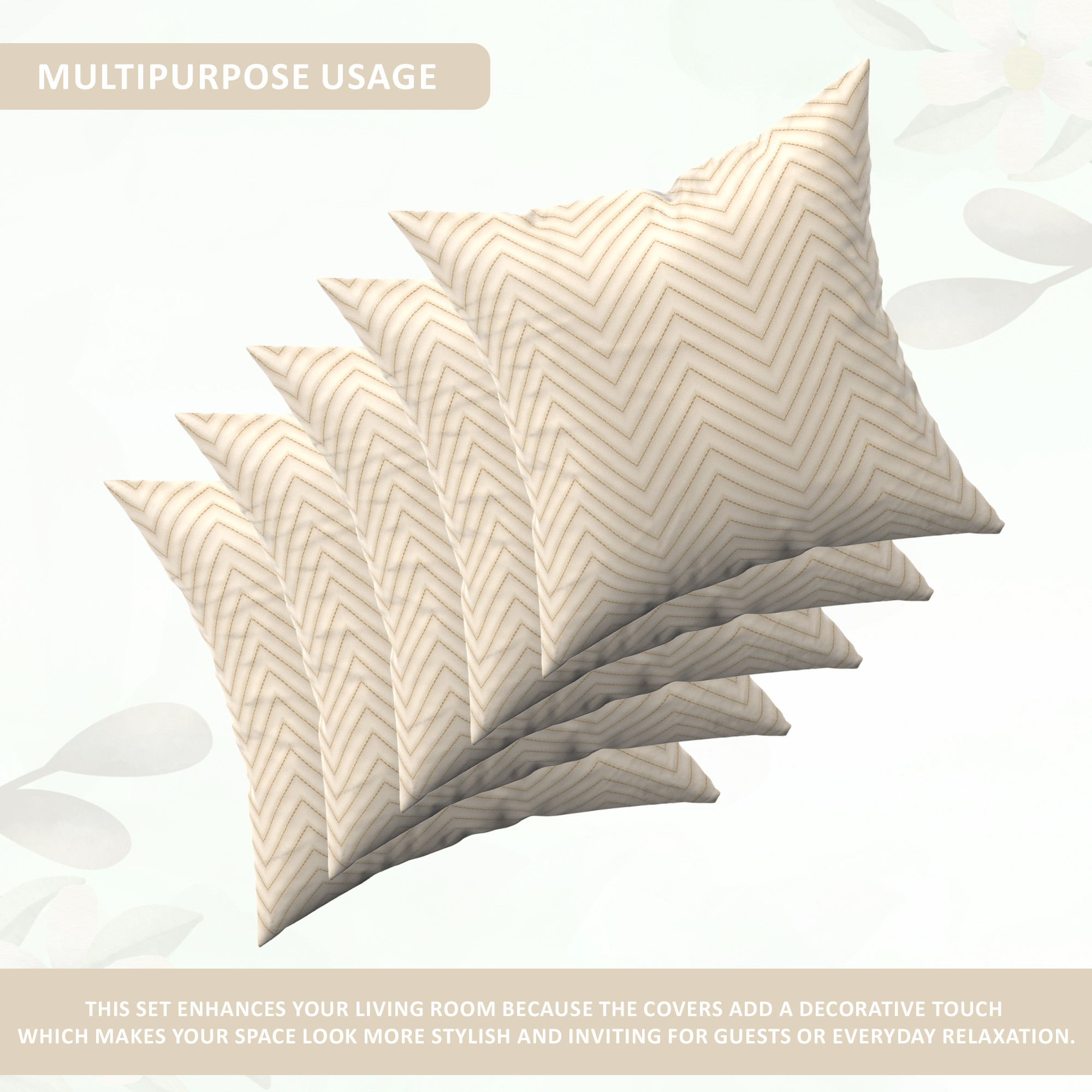 Kuber Industries Set of 5 16x16 Inches Washable  Removable Sofa Pillow Cover with Zip for Living Room  Aesthetic Sofa Cushion Covers for Bedroom  Zig Zag Embroidery - Cream