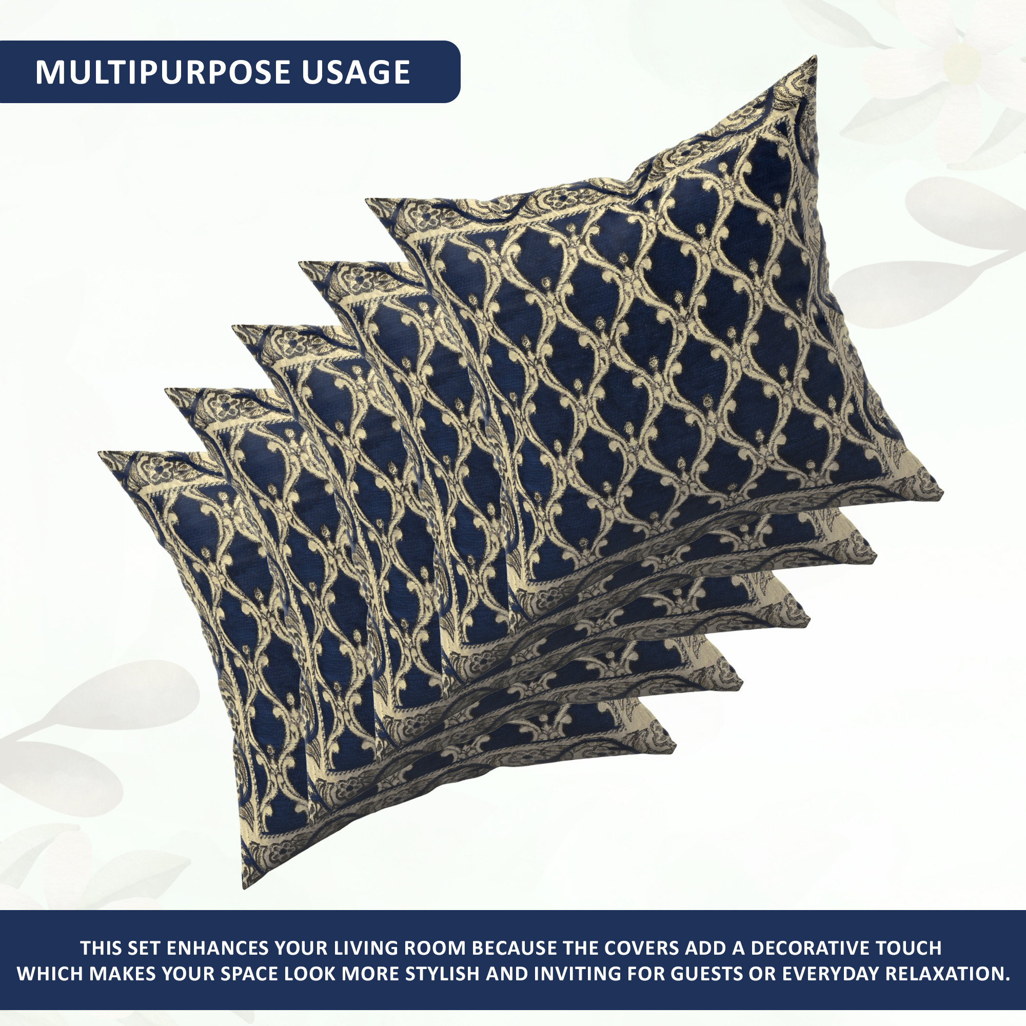 Kuber Industries Set of 5 16x16 Inches Washable  Removable Sofa Pillow Cover with Zip for Living Room  Aesthetic Sofa Cushion Covers for Bedroom  Jali Print - Navy Blue  Golden