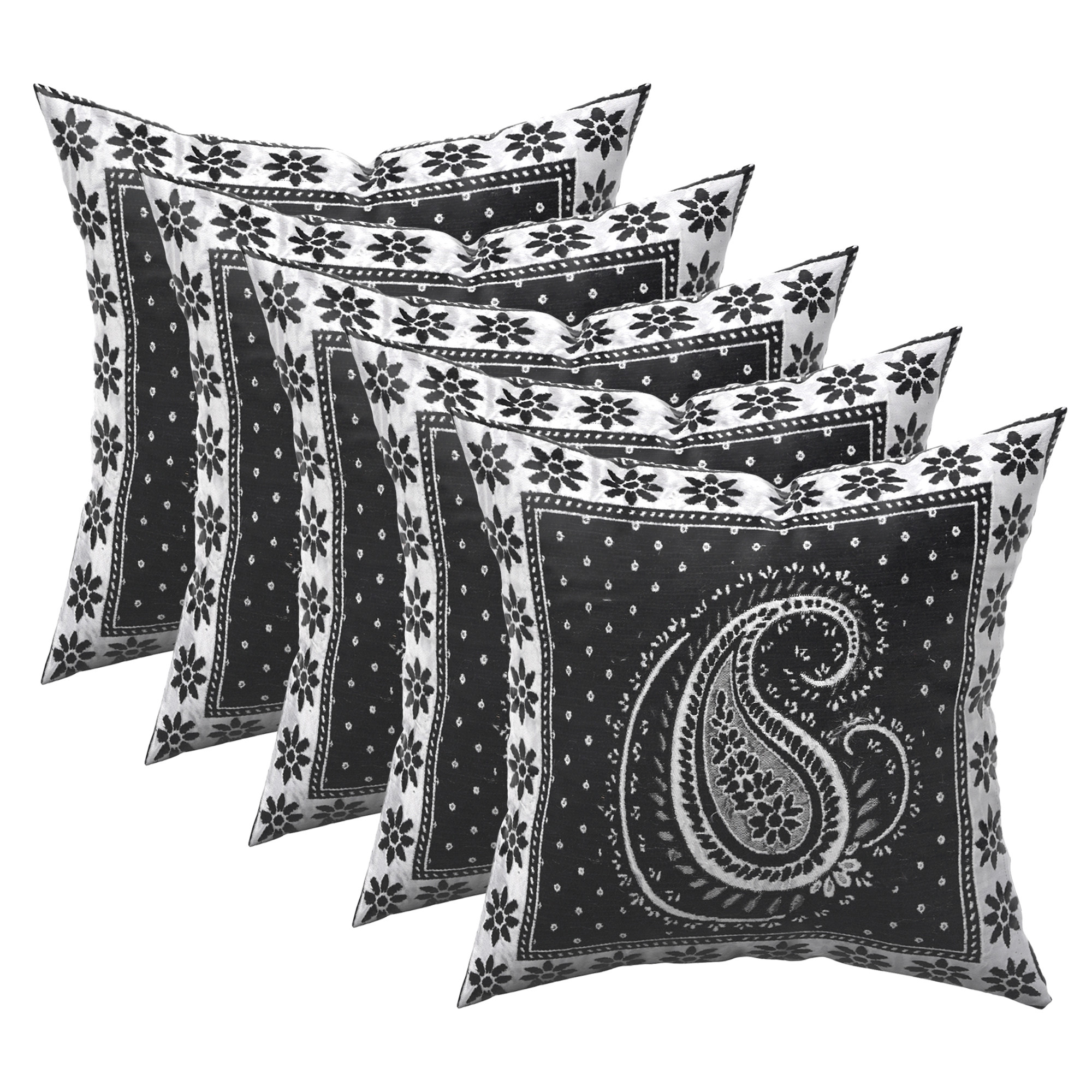 Kuber Industries Set of 5 16x16 Inches Washable  Removable Sofa Pillow Cover with Zip for Living Room  Aesthetic Sofa Cushion Covers for Bedroom  Carry Print - Black  Silver