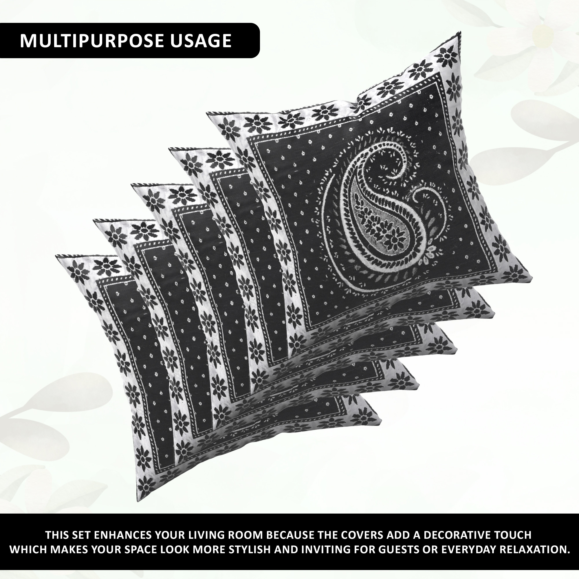 Kuber Industries Set of 5 16x16 Inches Washable  Removable Sofa Pillow Cover with Zip for Living Room  Aesthetic Sofa Cushion Covers for Bedroom  Carry Print - Black  Silver