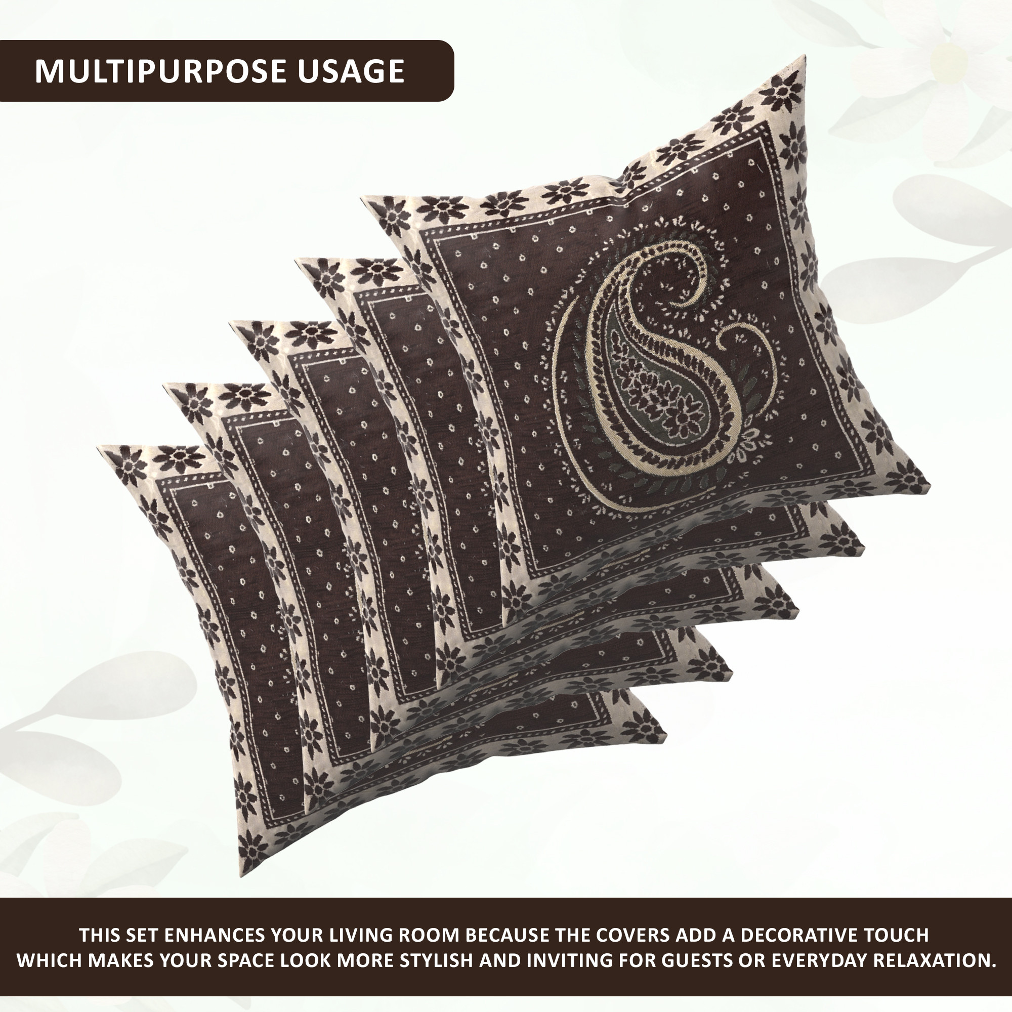 Kuber Industries Set of 5 16x16 Inches Washable  Removable Sofa Pillow Cover with Zip for Living Room  Aesthetic Sofa Cushion Covers for Bedroom  Carry Print - Brown  Golden