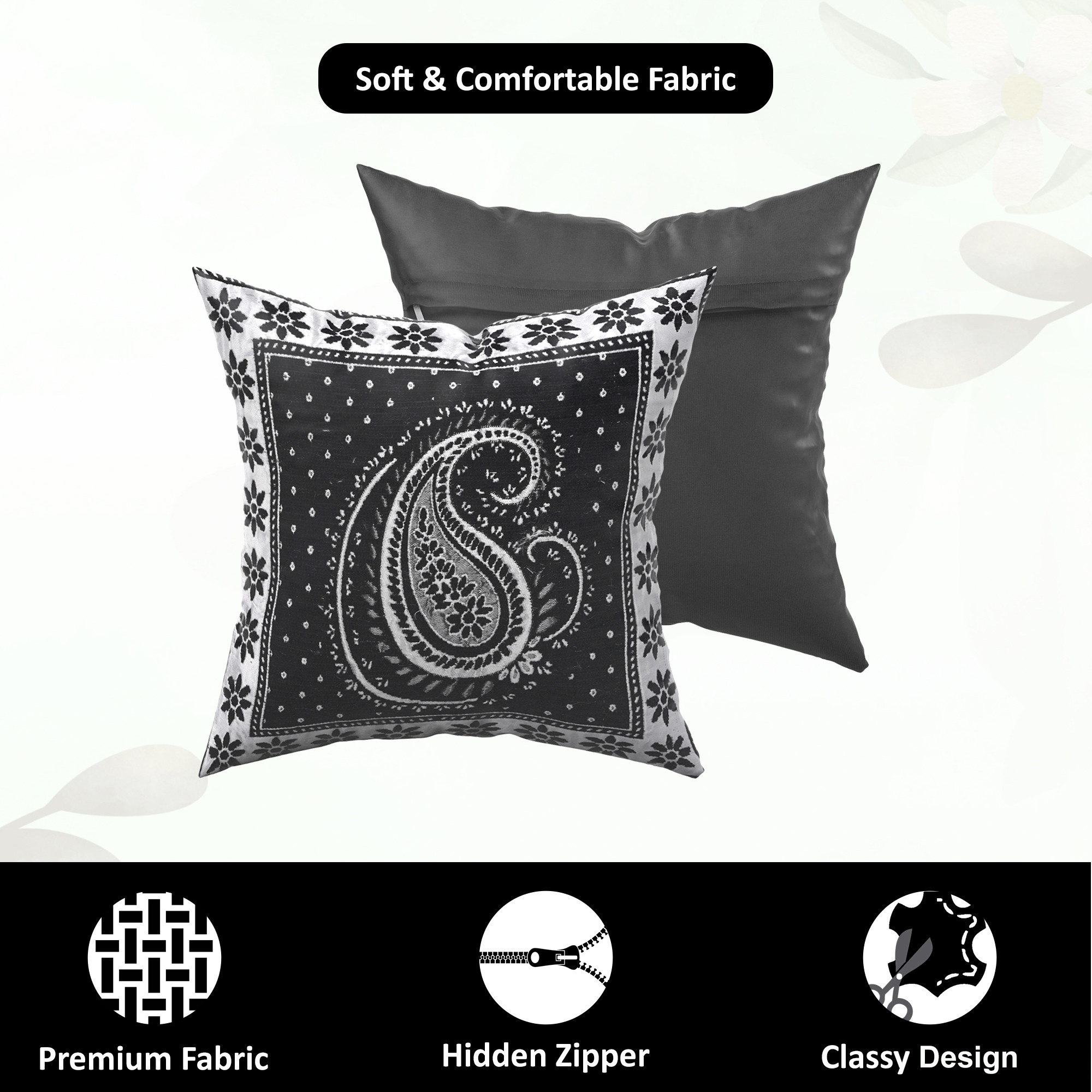 Kuber Industries Set of 5 16x16 Inches Washable  Removable Sofa Pillow Cover with Zip for Living Room  Aesthetic Sofa Cushion Covers for Bedroom  Carry Print - Black  Silver
