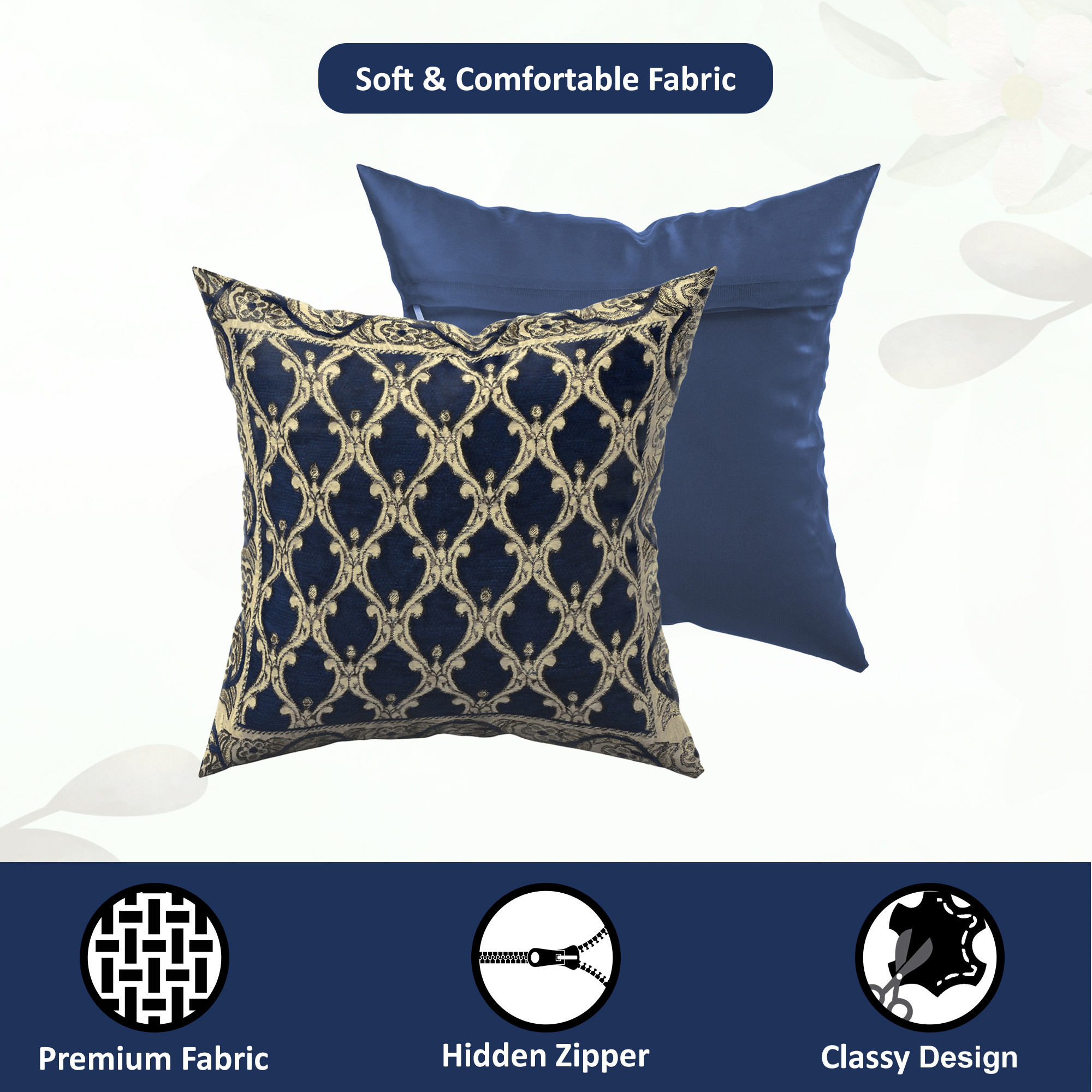Kuber Industries Set of 5 16x16 Inches Washable  Removable Sofa Pillow Cover with Zip for Living Room  Aesthetic Sofa Cushion Covers for Bedroom  Jali Print - Navy Blue  Golden