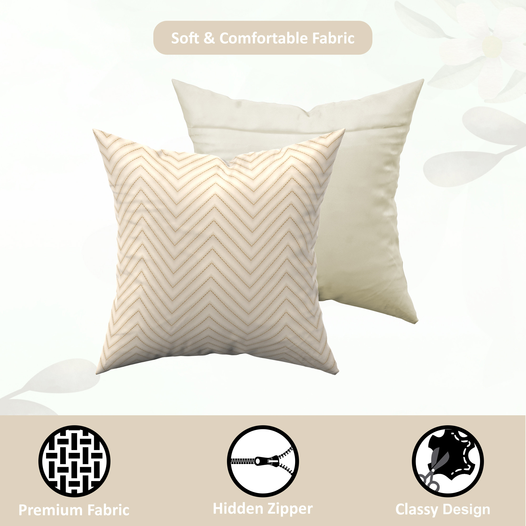 Kuber Industries Set of 5 16x16 Inches Washable  Removable Sofa Pillow Cover with Zip for Living Room  Aesthetic Sofa Cushion Covers for Bedroom  Zig Zag Embroidery - Cream