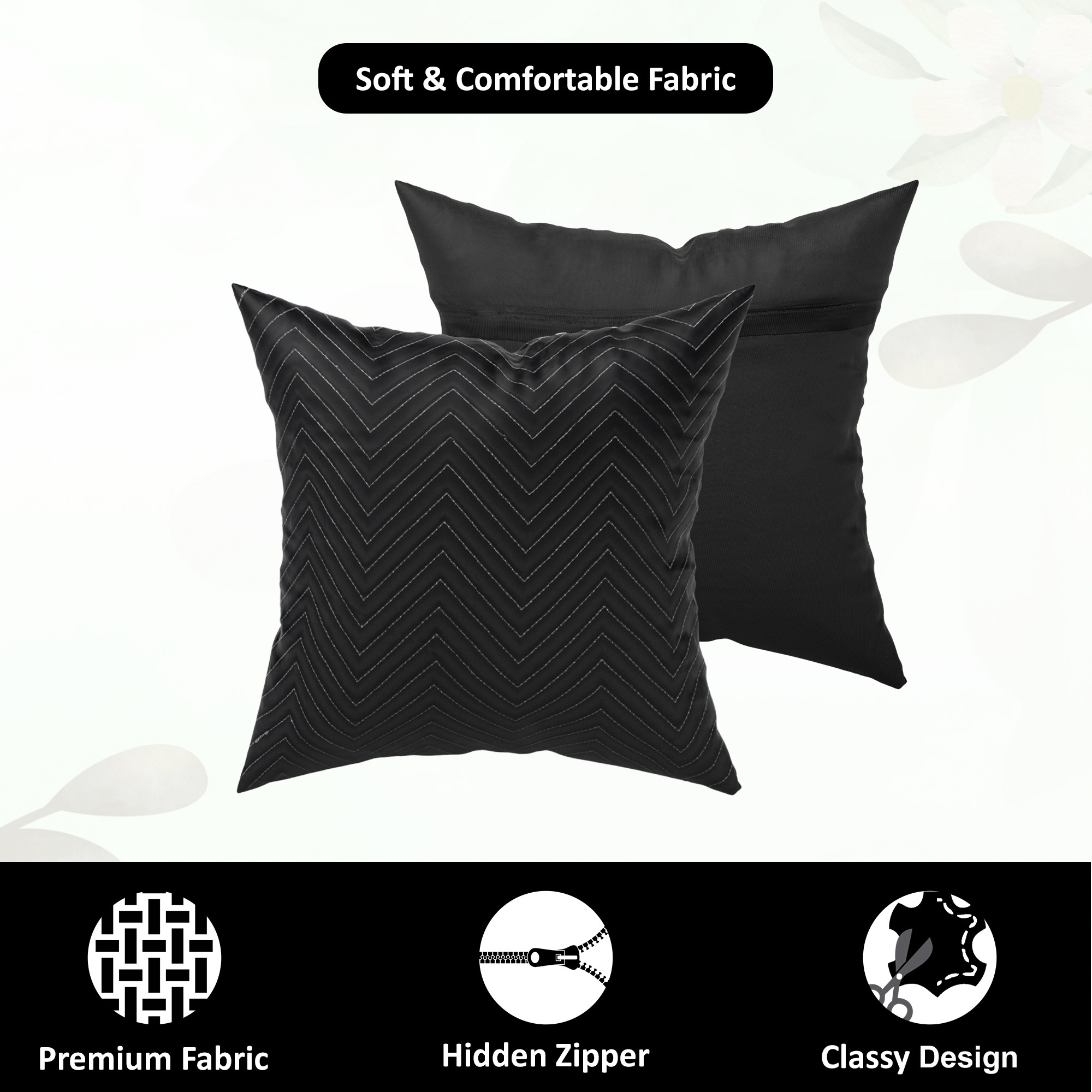 Kuber Industries Set of 5 16x16 Inches Washable  Removable Sofa Pillow Cover with Zip for Living Room  Aesthetic Sofa Cushion Covers for Bedroom  Zig Zag Embroidery - Black