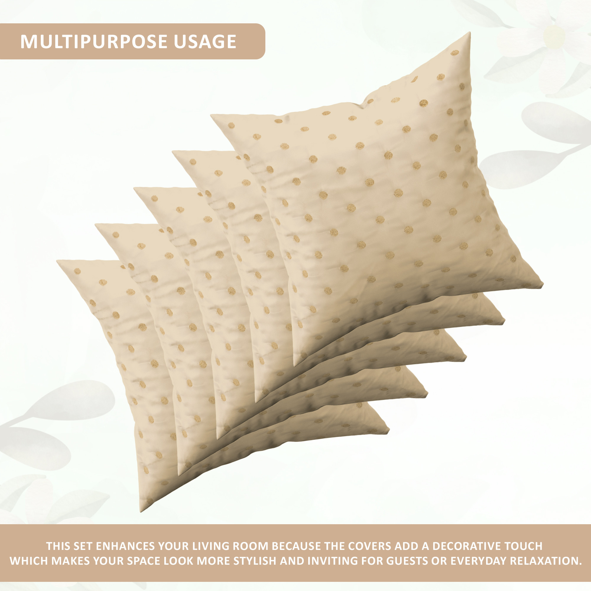Kuber Industries Set of 5 16x16 Inches Washable  Removable Sofa Pillow Covers with Zip  Easy Care Sofa Cushion Covers for Home  Living Spaces  Light Brown - Golden Polka Dot