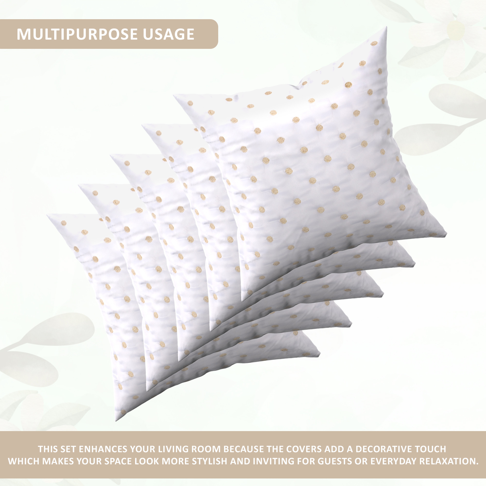 Kuber Industries Set of 5 16x16 Inches Washable  Removable Sofa Pillow Covers with Zip  Easy Care Sofa Cushion Covers for Home  Living Spaces  White - Gold Polka Dot