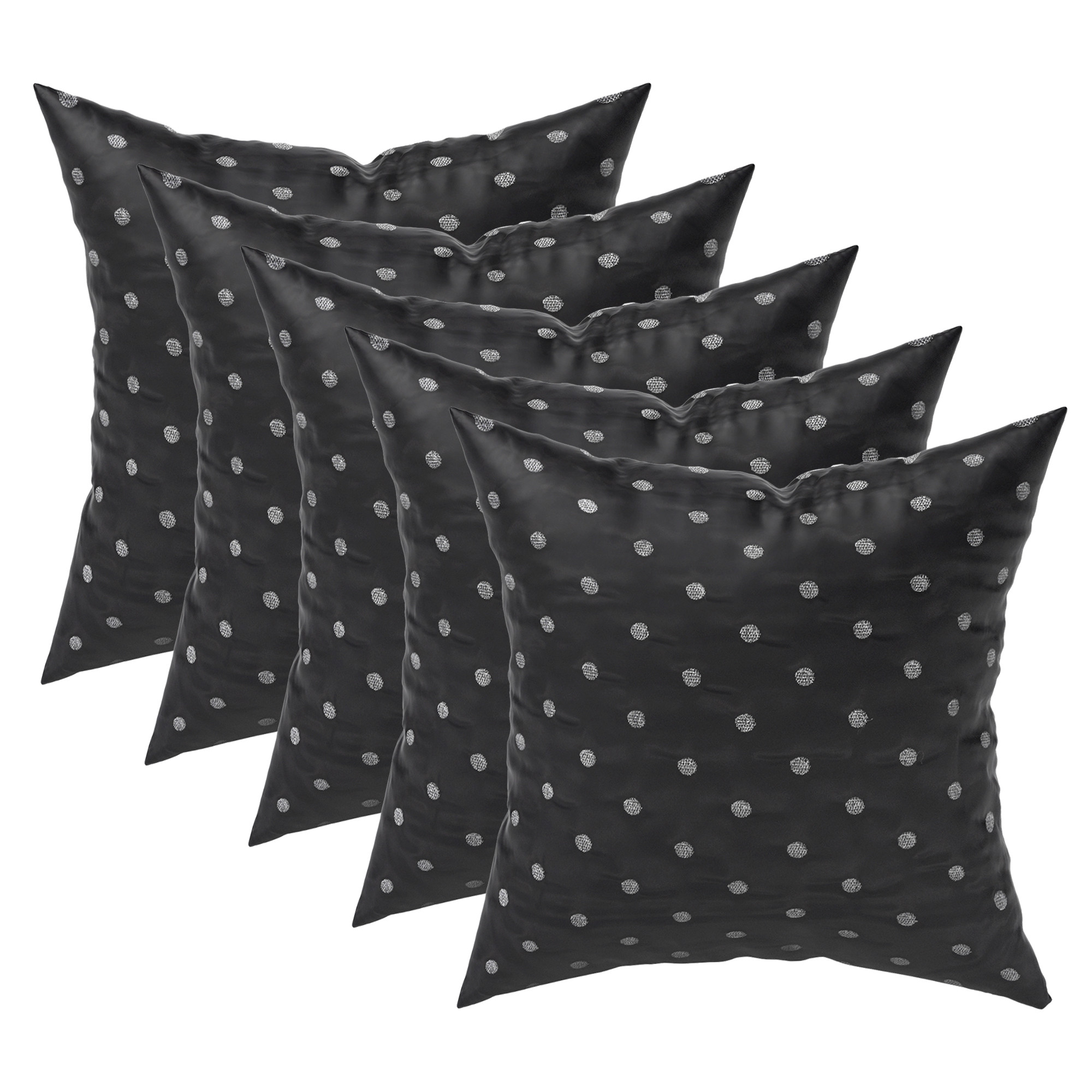 Kuber Industries Set of 5 16x16 Inches Washable  Removable Sofa Pillow Covers with Zip  Easy Care Sofa Cushion Covers for Home  Living Spaces  Black - Silver Polka Dot