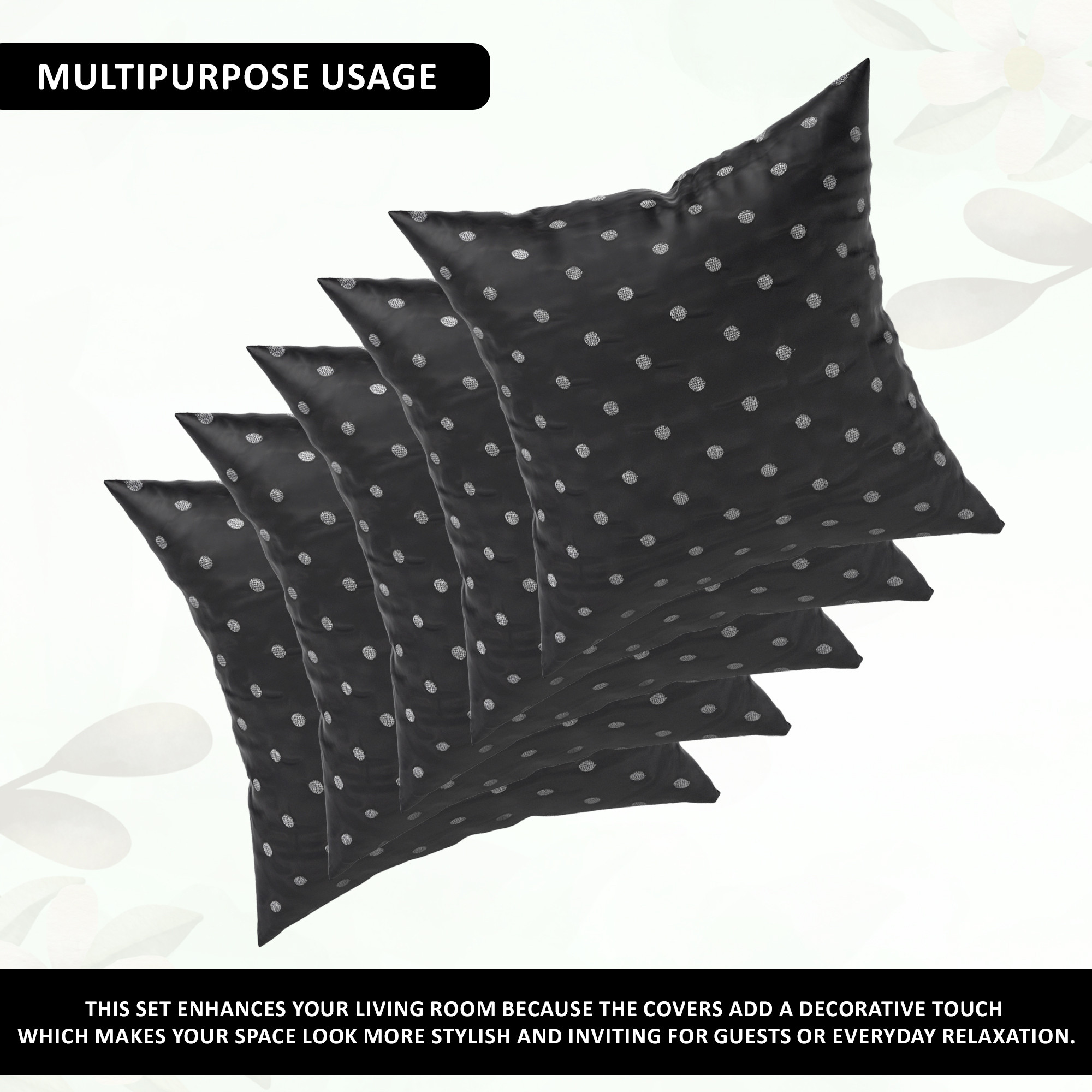 Kuber Industries Set of 5 16x16 Inches Washable  Removable Sofa Pillow Covers with Zip  Easy Care Sofa Cushion Covers for Home  Living Spaces  Black - Silver Polka Dot