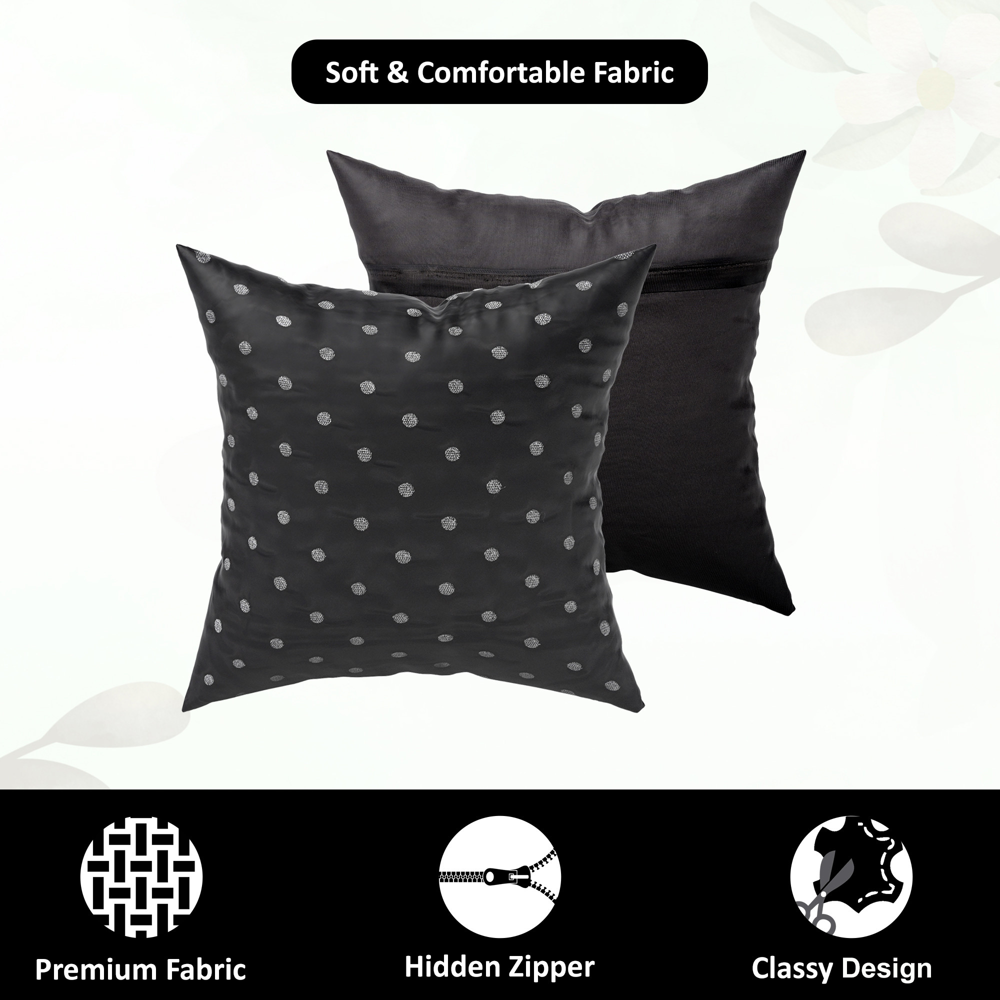 Kuber Industries Set of 5 16x16 Inches Washable  Removable Sofa Pillow Covers with Zip  Easy Care Sofa Cushion Covers for Home  Living Spaces  Black - Silver Polka Dot