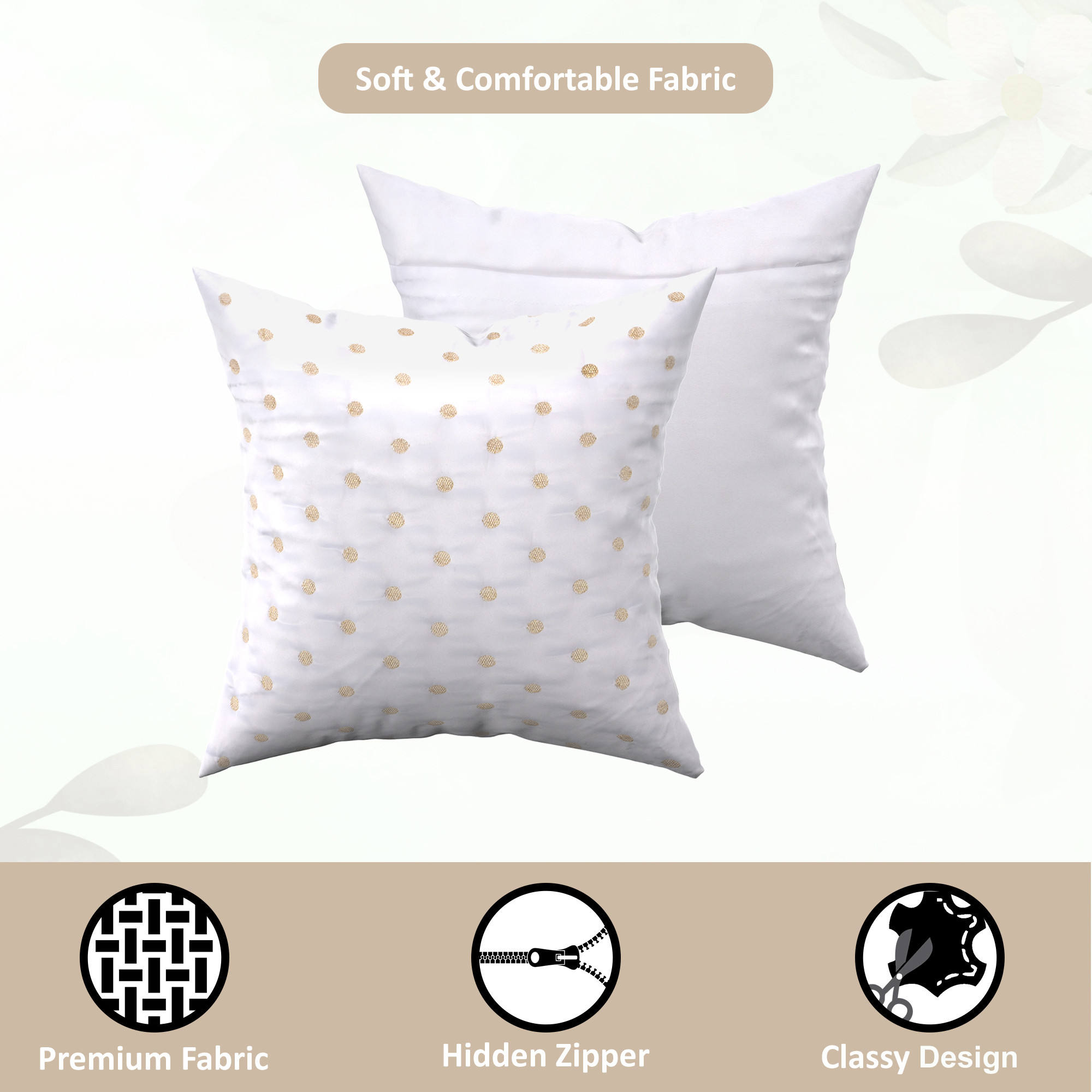 Kuber Industries Set of 5 16x16 Inches Washable  Removable Sofa Pillow Covers with Zip  Easy Care Sofa Cushion Covers for Home  Living Spaces  White - Gold Polka Dot