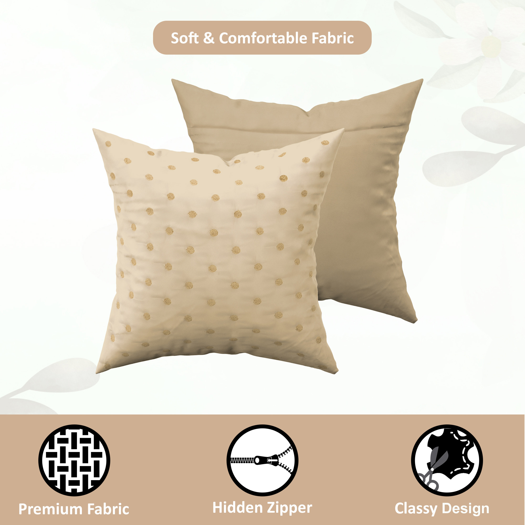 Kuber Industries Set of 5 16x16 Inches Washable  Removable Sofa Pillow Covers with Zip  Easy Care Sofa Cushion Covers for Home  Living Spaces  Light Brown - Golden Polka Dot