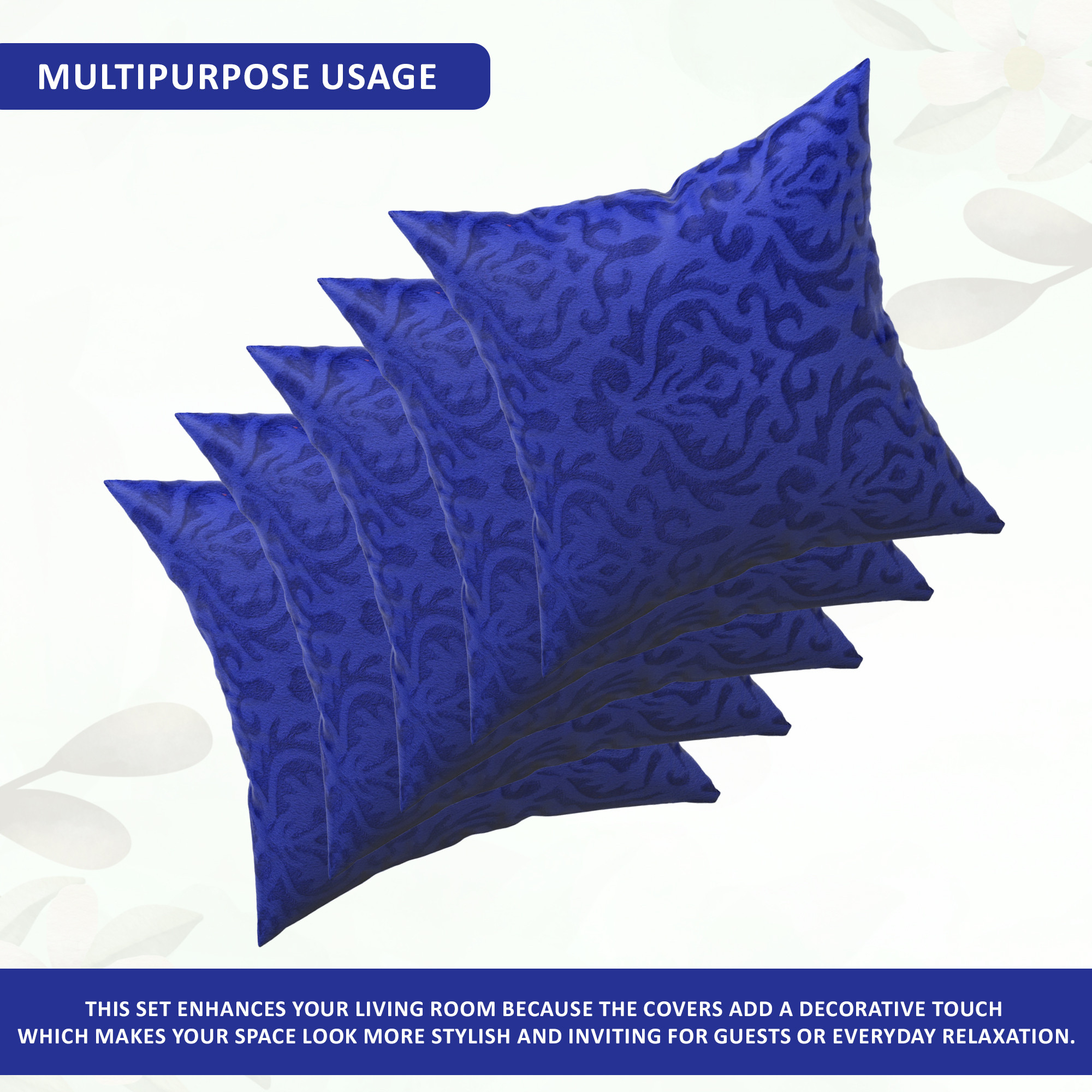 Kuber Industries Set of 5 16x16 Inches Washable  Removable Velvet Sofa Pillow Covers with Zip  Soft Sofa Cushion Covers for Home  Bedroom Interiors  Floral Design - Royal Blue