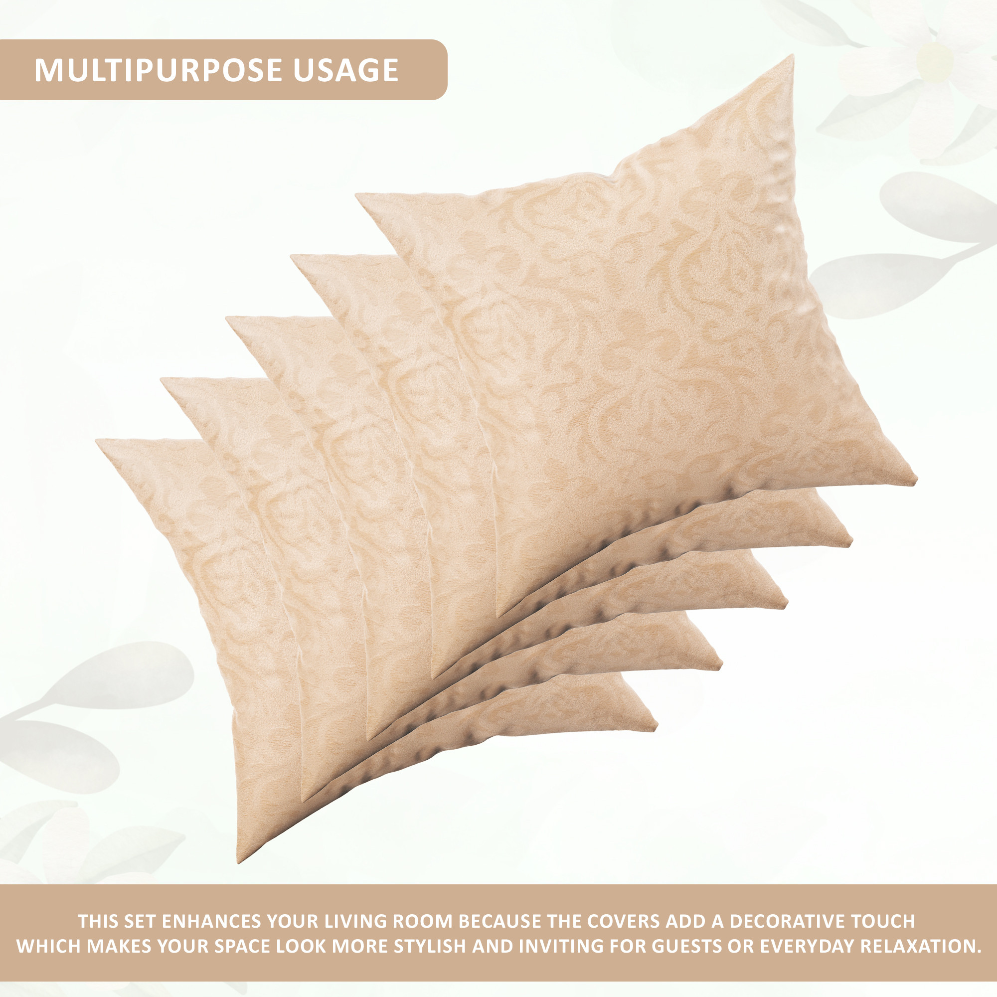 Kuber Industries Set of 5 16x16 Inches Washable  Removable Velvet Sofa Pillow Covers with Zip  Soft Sofa Cushion Covers for Home  Bedroom Interiors  Floral Design - Beige