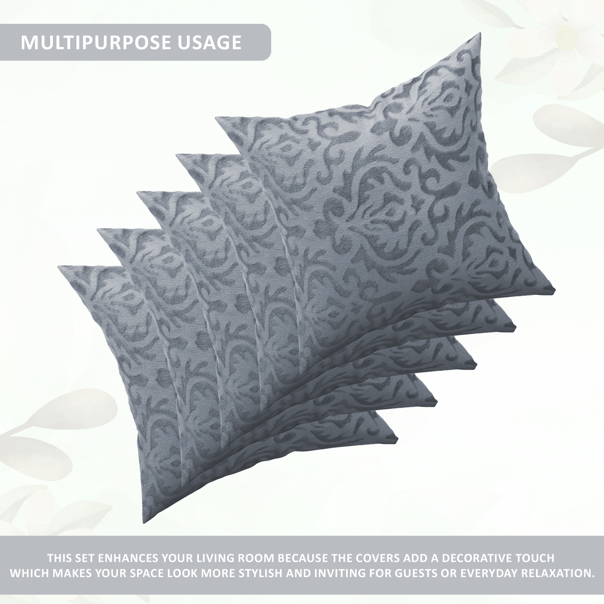 Kuber Industries Set of 5 16x16 Inches Washable  Removable Velvet Sofa Pillow Covers with Zip  Soft Sofa Cushion Covers for Home  Bedroom Interiors  Floral Design - Grey