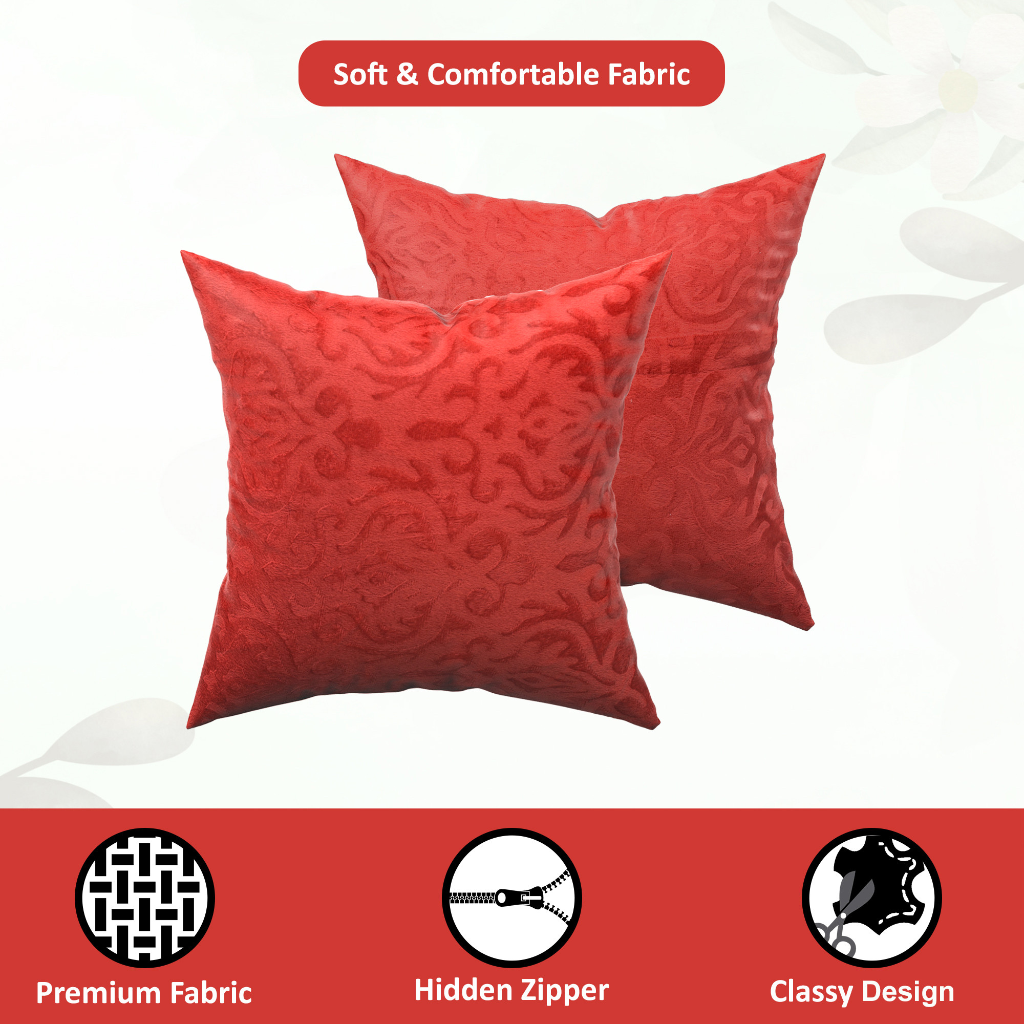 Kuber Industries Set of 5 16x16 Inches Washable  Removable Velvet Sofa Pillow Covers with Zip  Soft Sofa Cushion Covers for Home  Bedroom Interiors  Floral Design - Red