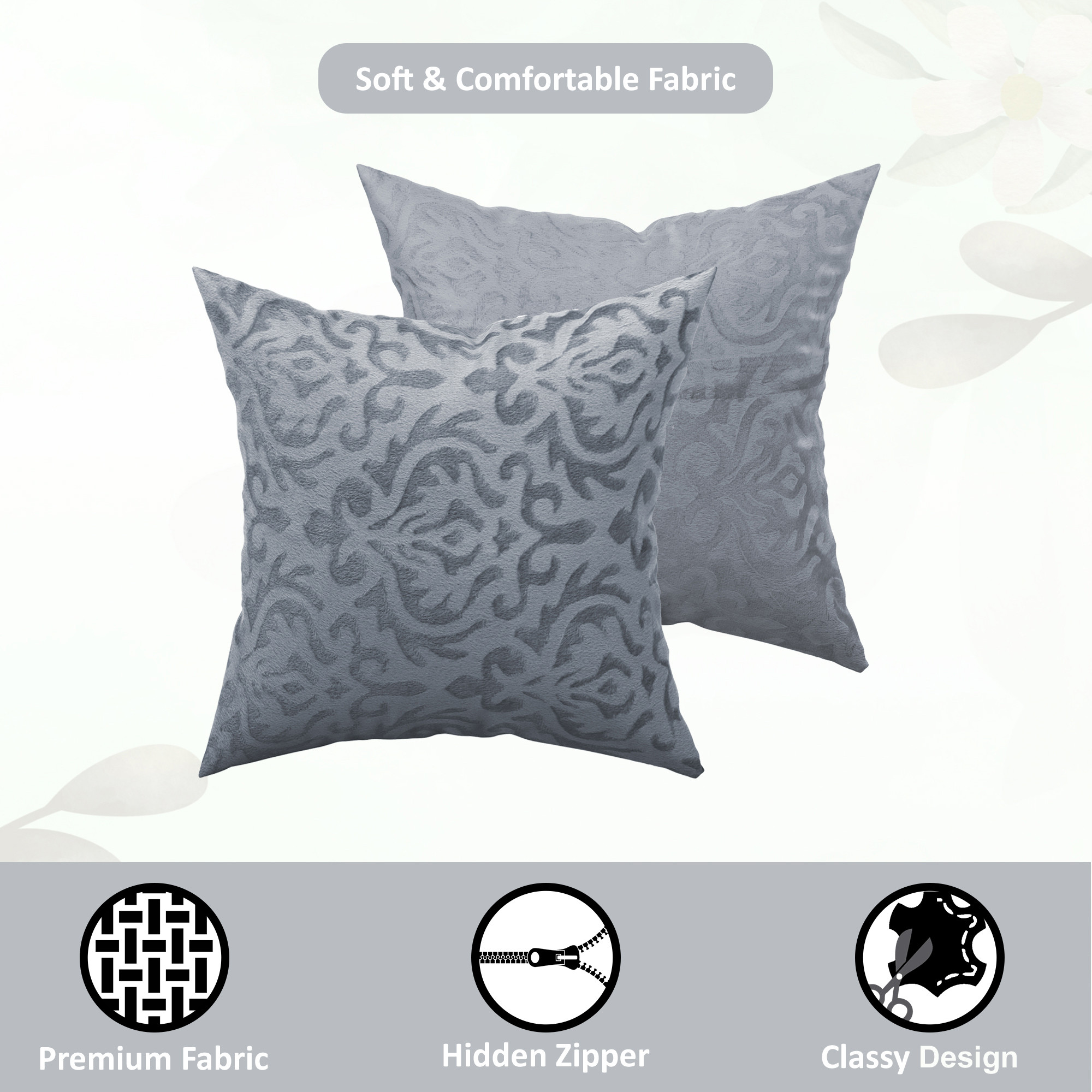 Kuber Industries Set of 5 16x16 Inches Washable  Removable Velvet Sofa Pillow Covers with Zip  Soft Sofa Cushion Covers for Home  Bedroom Interiors  Floral Design - Grey