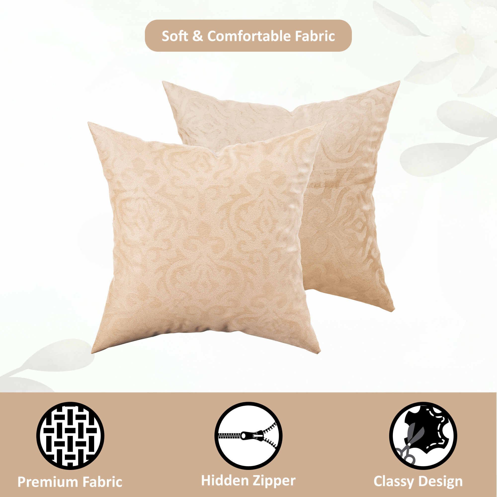 Kuber Industries Set of 5 16x16 Inches Washable  Removable Velvet Sofa Pillow Covers with Zip  Soft Sofa Cushion Covers for Home  Bedroom Interiors  Floral Design - Beige