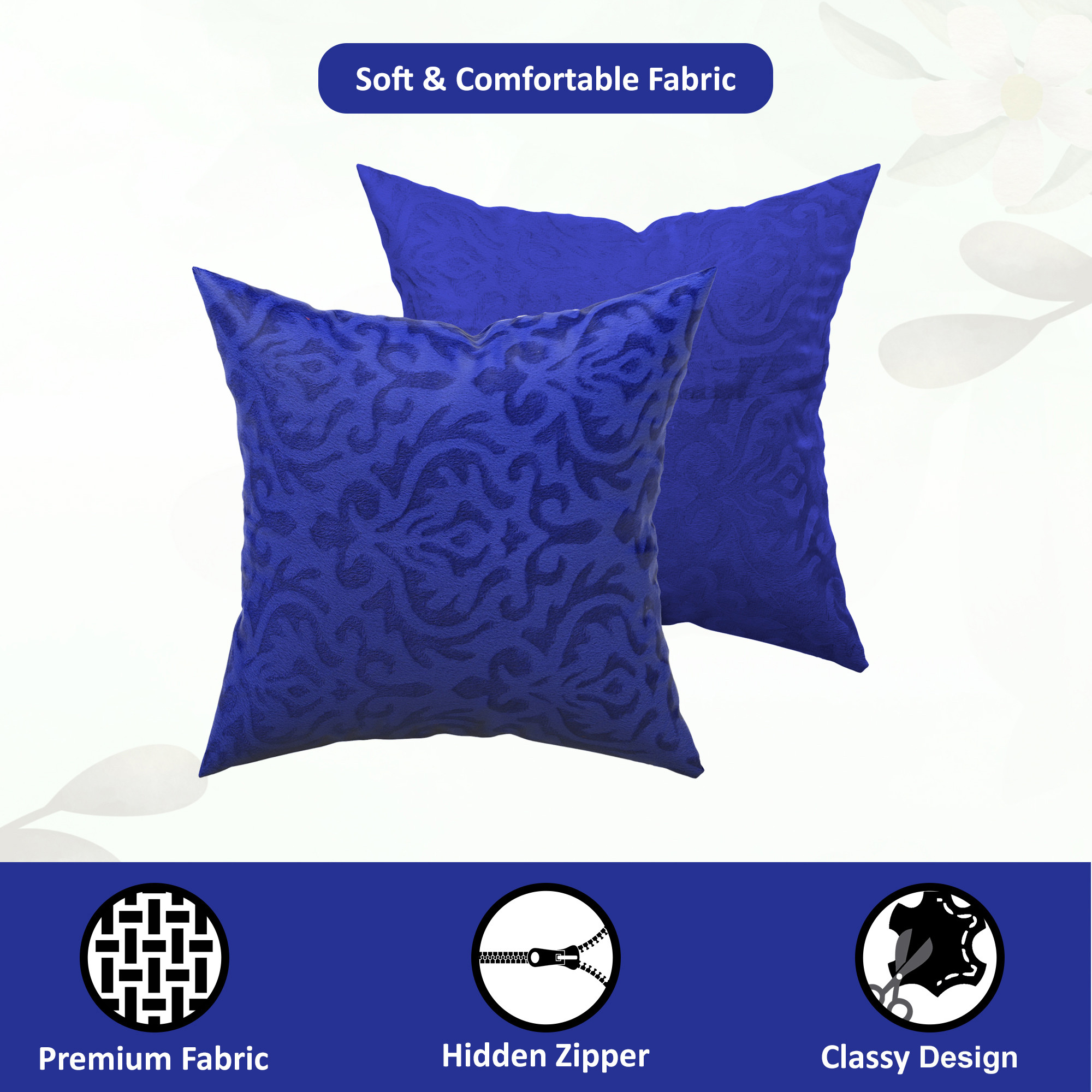 Kuber Industries Set of 5 16x16 Inches Washable  Removable Velvet Sofa Pillow Covers with Zip  Soft Sofa Cushion Covers for Home  Bedroom Interiors  Floral Design - Royal Blue