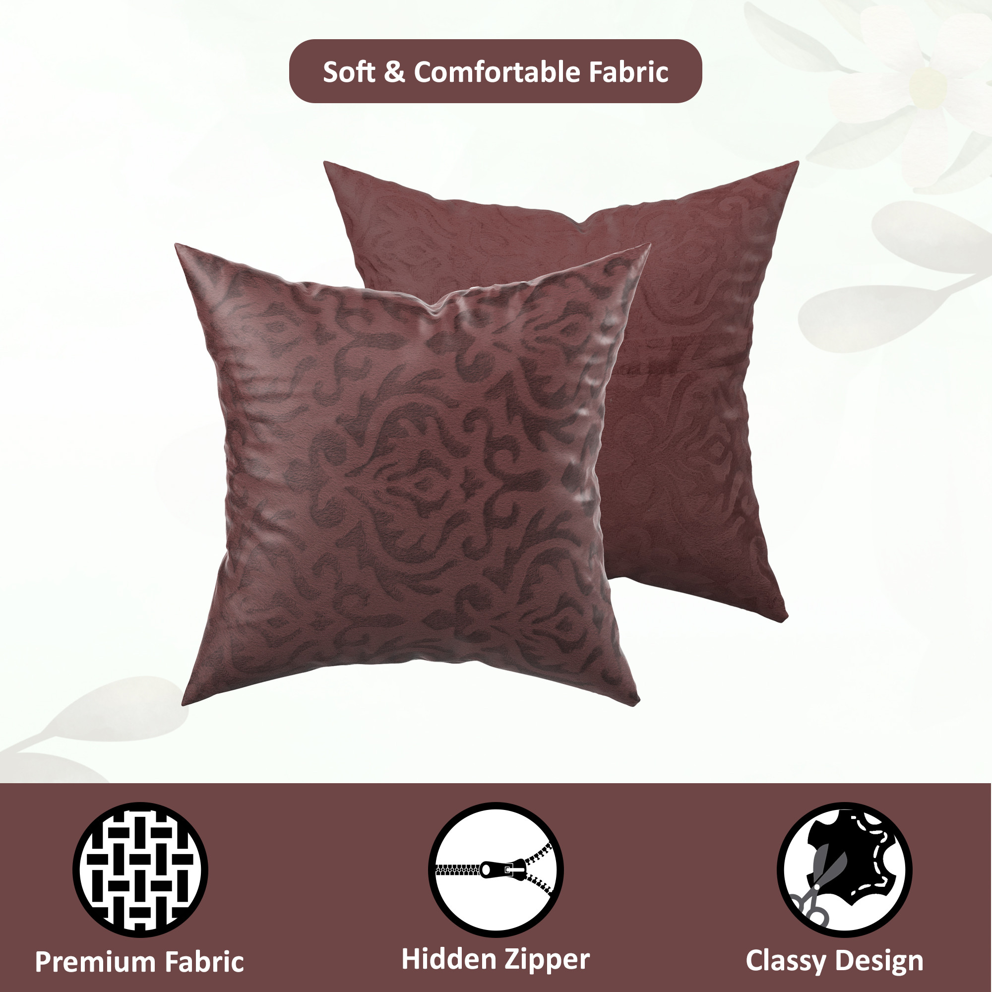 Kuber Industries Set of 5 16x16 Inches Washable  Removable Velvet Sofa Pillow Covers with Zip  Soft Sofa Cushion Covers for Home  Bedroom Interiors  Floral Design - Brown
