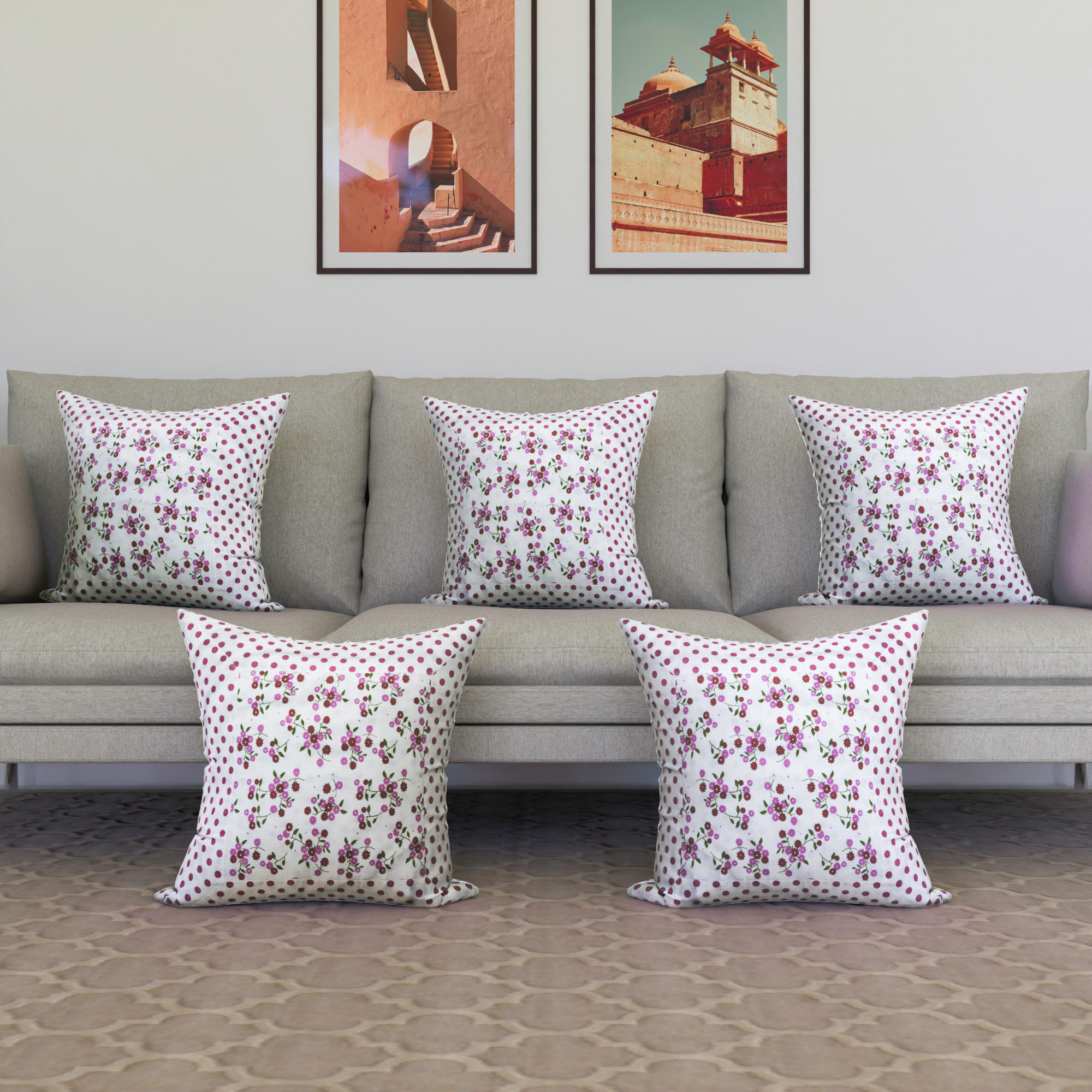 Kuber Industries Set of 5 Cushion Cover  16x16 Inch  Cotton Cushion for Sofa  Sofa Cushion Set  Pillow Cover Set  Throw Cushion Cover  Cushion Case for Dcor  Dot-Pink Flower  White