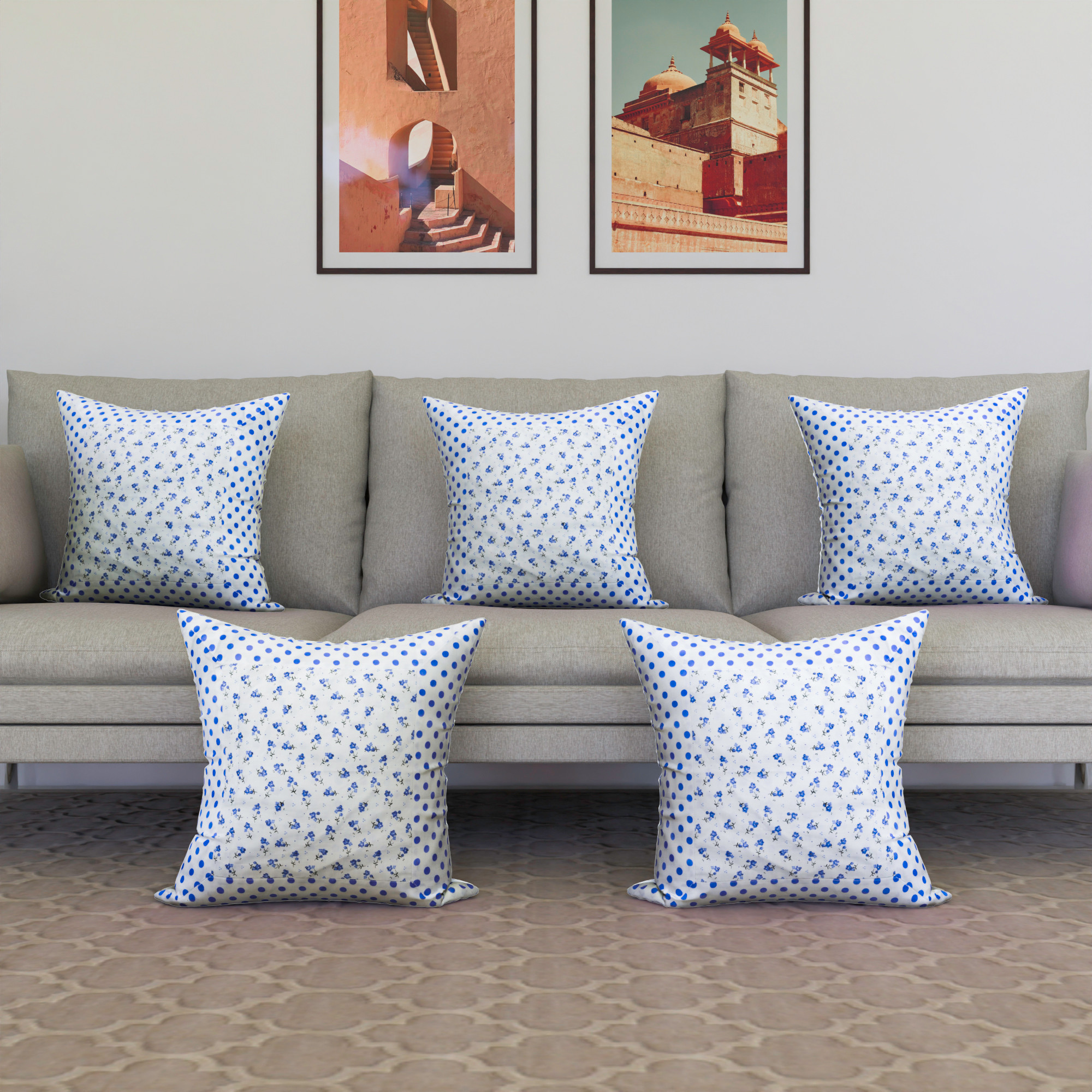 Kuber Industries Set of 5 Cushion Cover  16x16 Inch  Cotton Cushion for Sofa  Throw Cushion Cover  Sofa Cushion Set  Pillow Cover Set  Cushion Case for Dcor  Dot-Blue Flower  White
