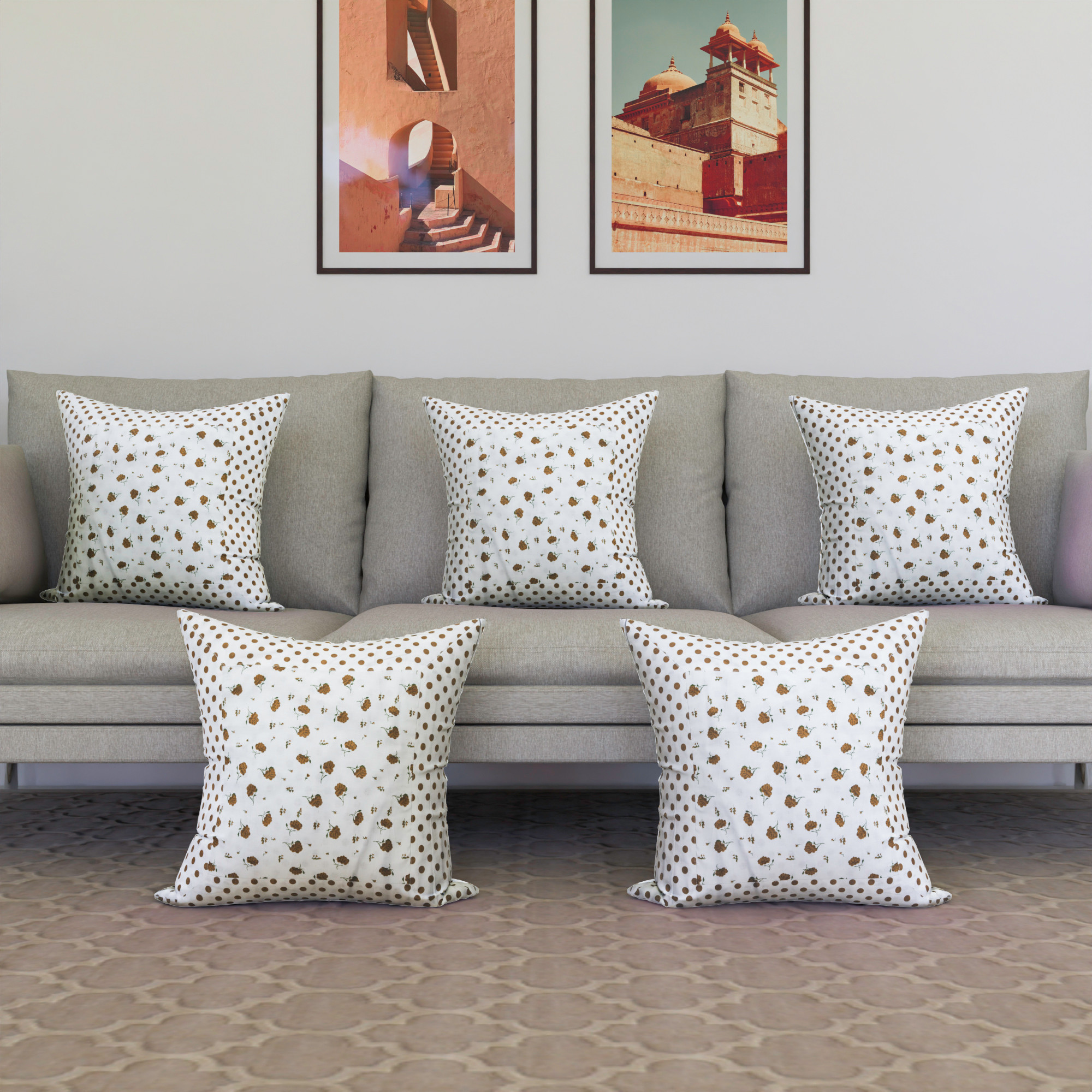 Kuber Industries Set of 5 Cushion Cover  16x16 Inch  Sofa Cushion Set  Pillow Cover Set  Cotton Cushion for Sofa  Throw Cushion Cover  Cushion Case for Dcor  Dot-Brown Flower  White