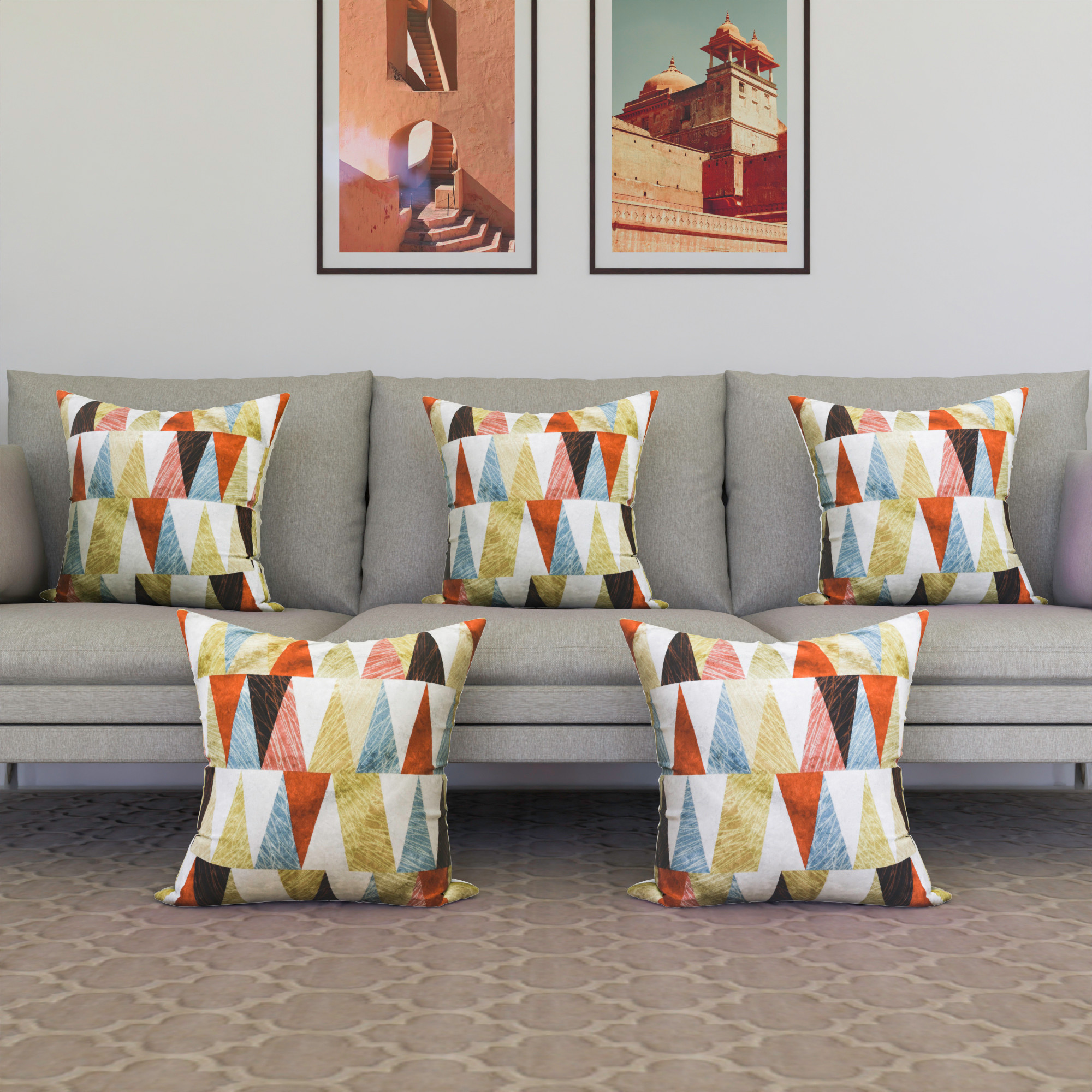 Kuber Industries Set of 5 Cushion Cover  16x16 Inch  Velvet Cushion for Sofa  Throw Cushion Cover  Sofa Cushion Set  Pillow Cover Set  Cushion Case for Dcor  Triangle Design  Multicolor