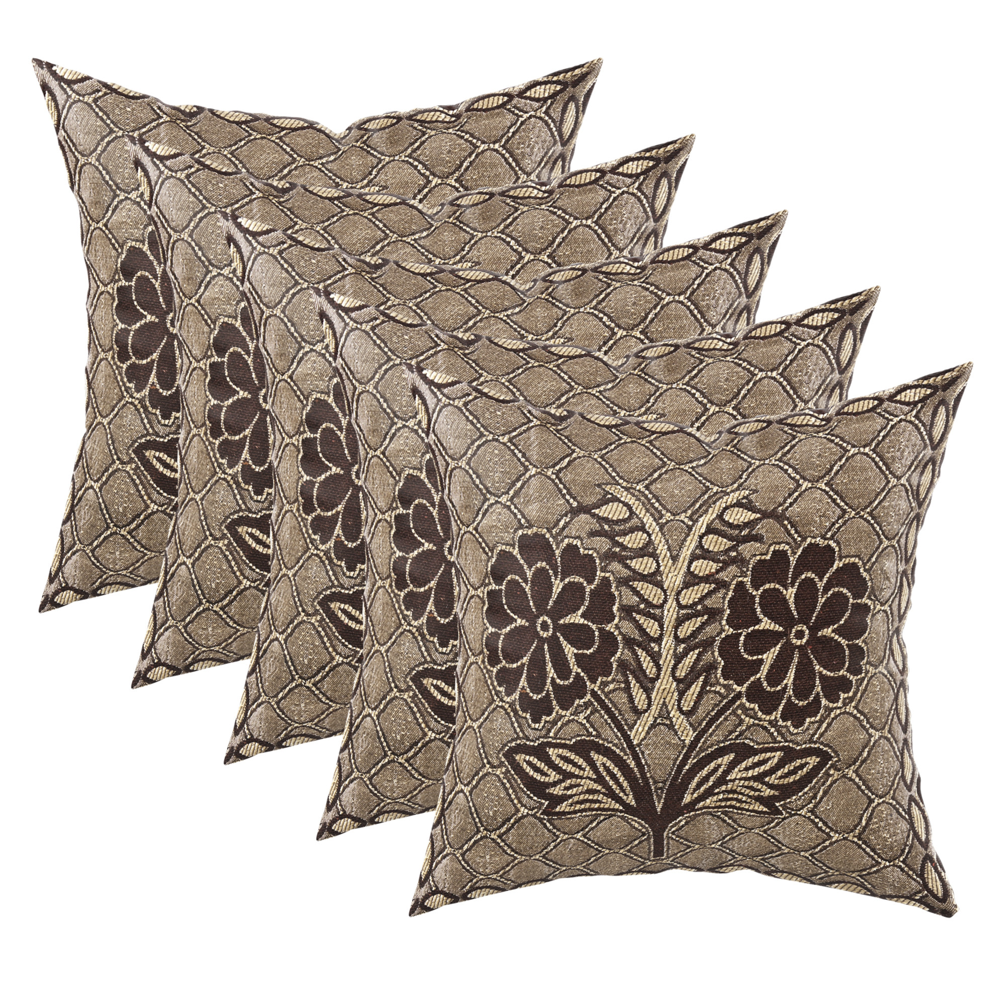 Kuber Industries Set of 5 Decorative Sofa Cushion Covers 16 inch x 16 inch with Zip  Aesthetic Sofa Pillow Cover for Living Room Bedroom  Home  Flower Design - Golden  Brown