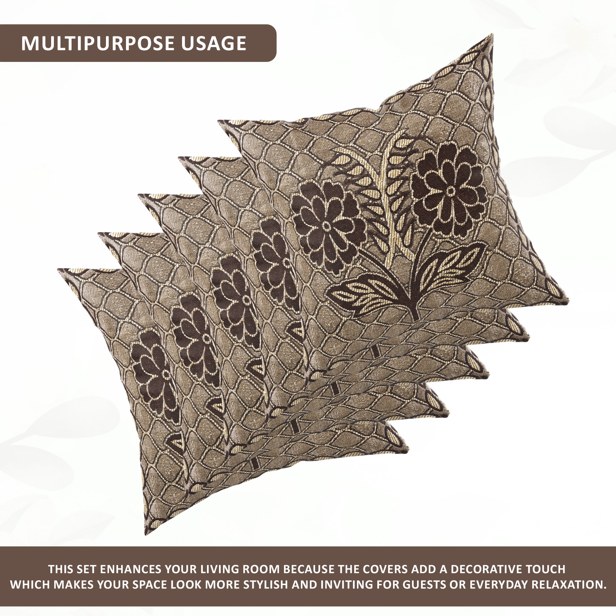 Kuber Industries Set of 5 Decorative Sofa Cushion Covers 16 inch x 16 inch with Zip  Aesthetic Sofa Pillow Cover for Living Room Bedroom  Home  Flower Design - Golden  Brown
