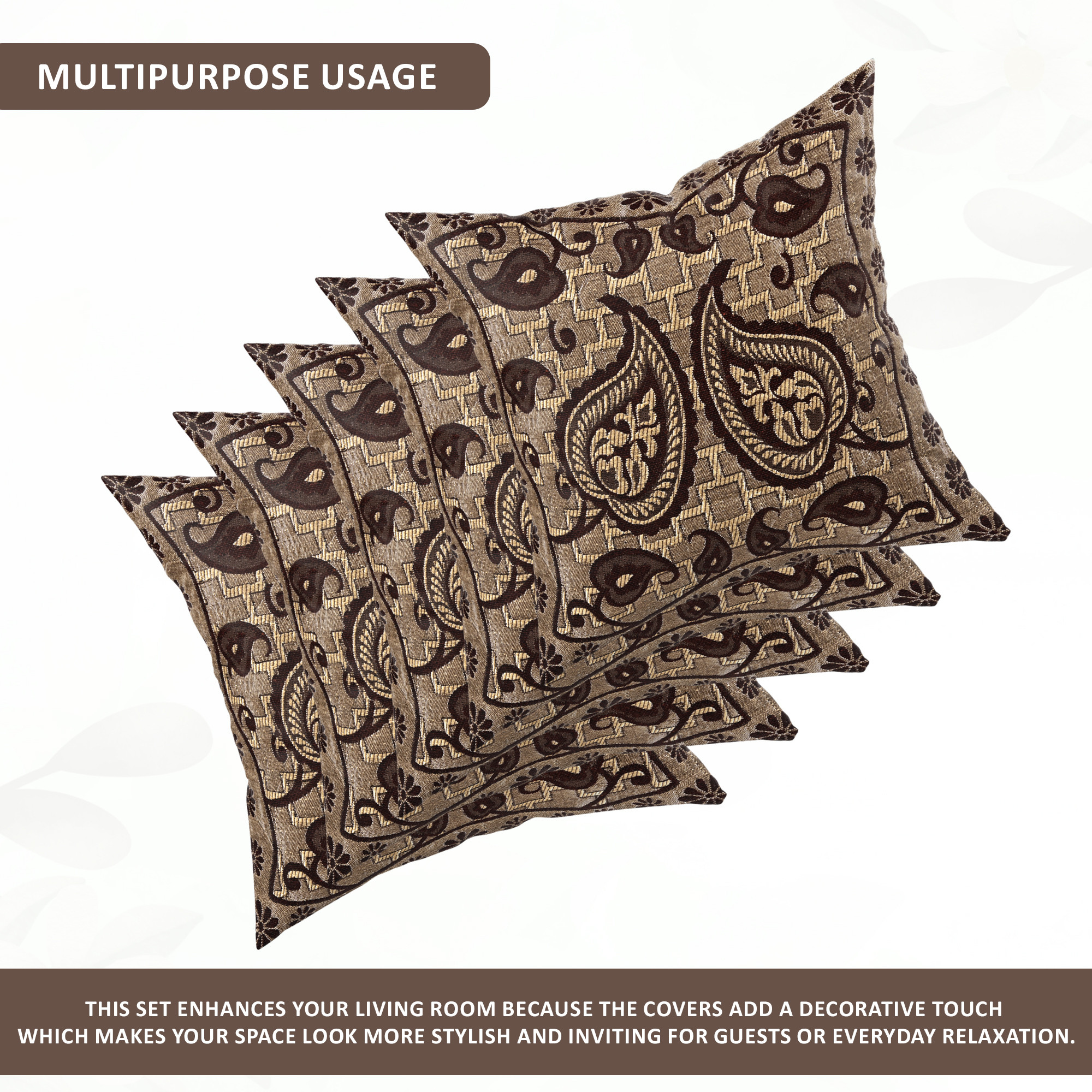 Kuber Industries Set of 5 Decorative Sofa Cushion Covers 16 inch x 16 inch with Zip  Aesthetic Sofa Pillow Cover for Living Room Bedroom  Home  Leaf Design - Golden  Brown