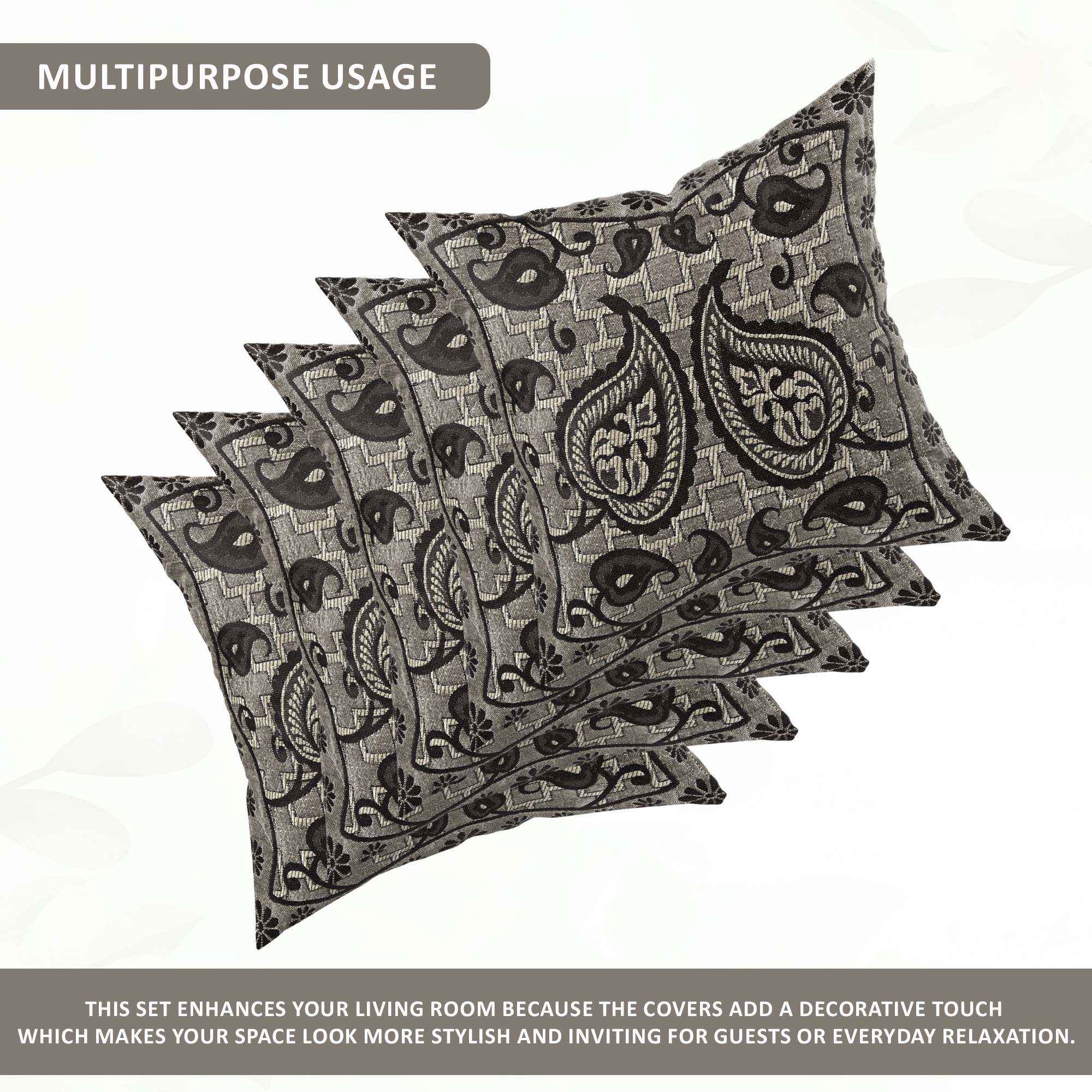 Kuber Industries Set of 5 Decorative Sofa Cushion Covers 16 inch x 16 inch with Zip  Aesthetic Sofa Pillow Cover for Living Room Bedroom  Home  Leaf Design - Black  Grey
