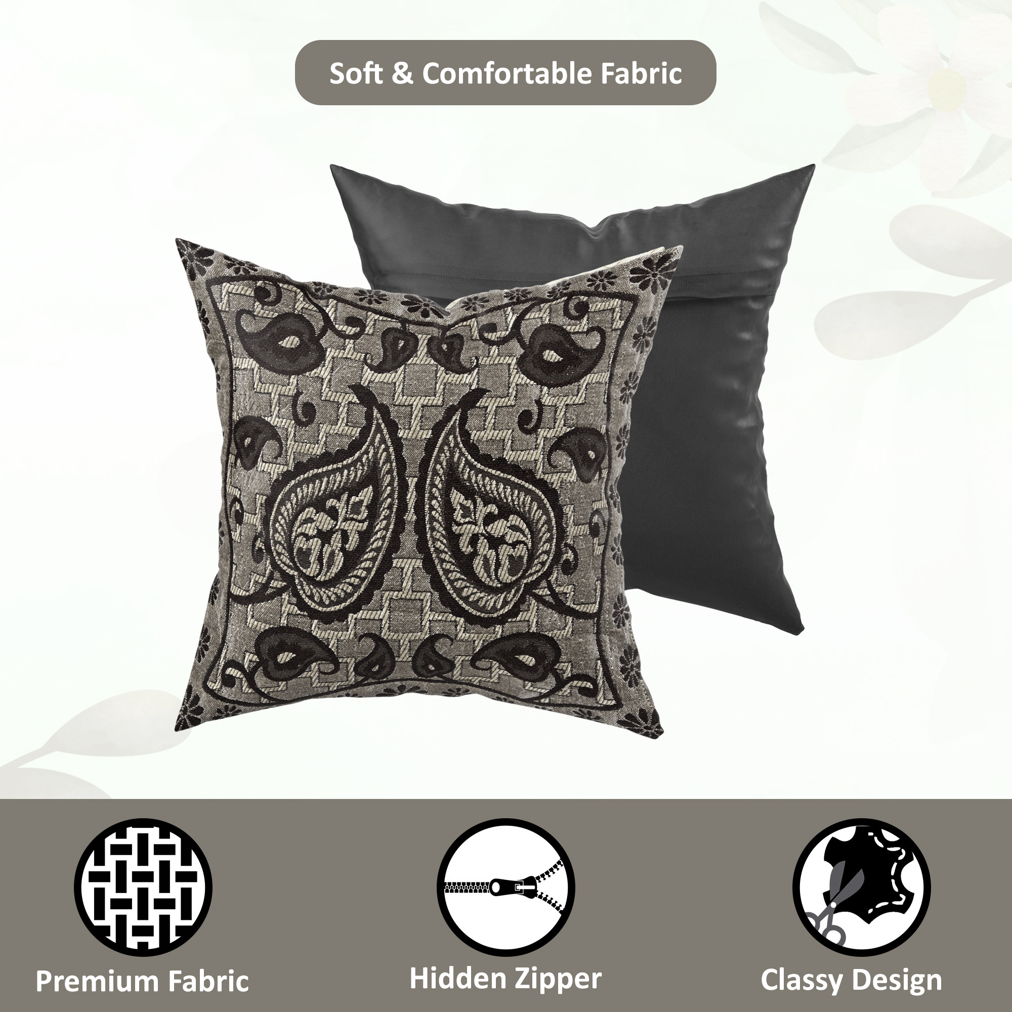 Kuber Industries Set of 5 Decorative Sofa Cushion Covers 16 inch x 16 inch with Zip  Aesthetic Sofa Pillow Cover for Living Room Bedroom  Home  Leaf Design - Black  Grey