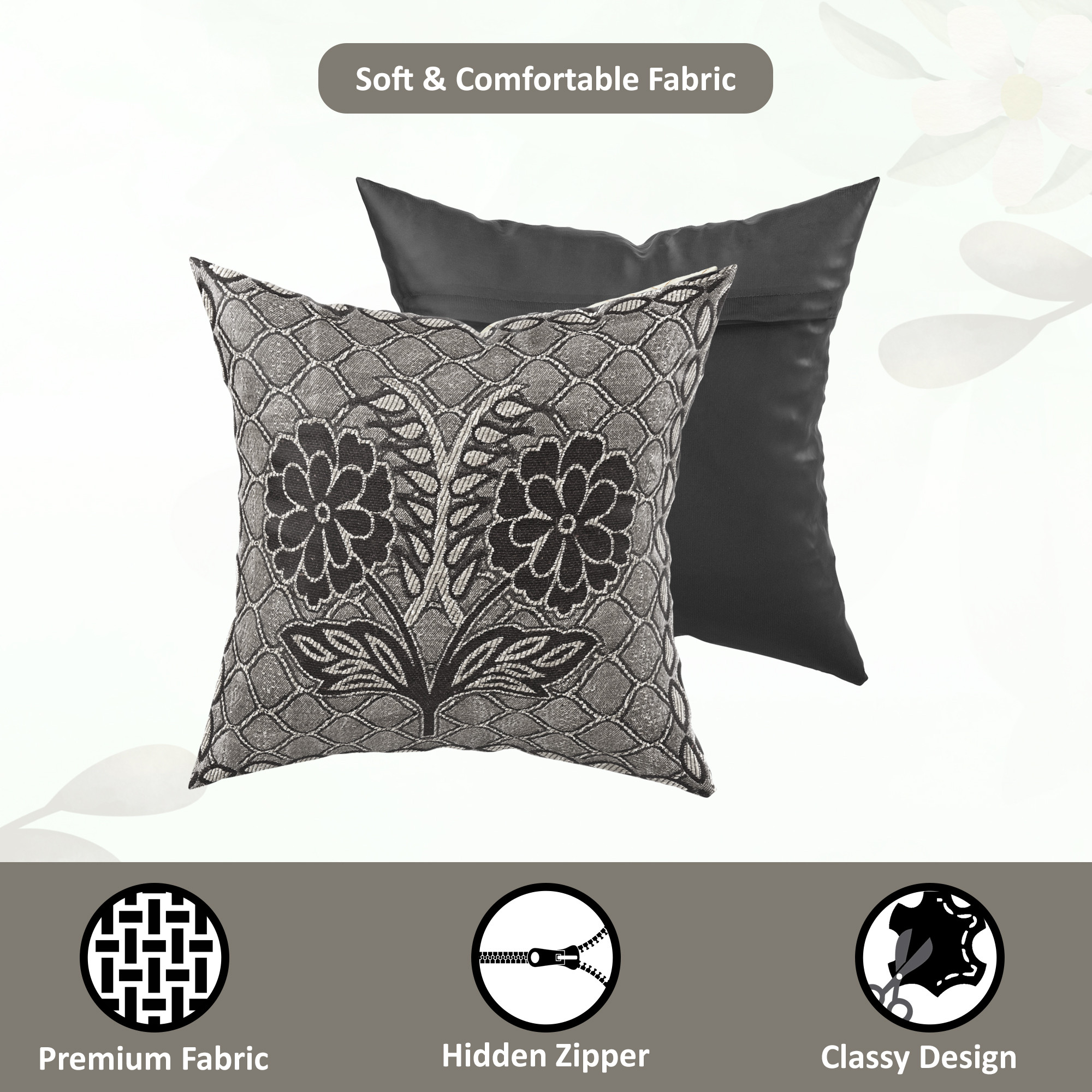 Kuber Industries Set of 5 Decorative Sofa Cushion Covers 16 inch x 16 inch with Zip  Aesthetic Sofa Pillow Cover for Living Room Bedroom  Home  Flower Design - Black  Grey