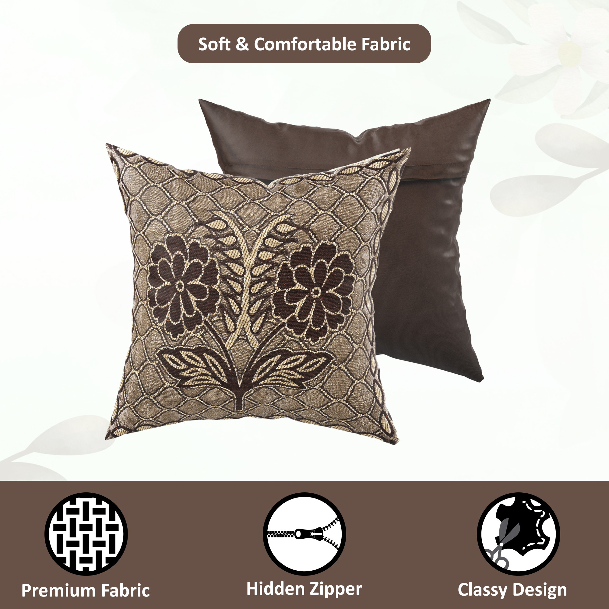 Kuber Industries Set of 5 Decorative Sofa Cushion Covers 16 inch x 16 inch with Zip  Aesthetic Sofa Pillow Cover for Living Room Bedroom  Home  Flower Design - Golden  Brown