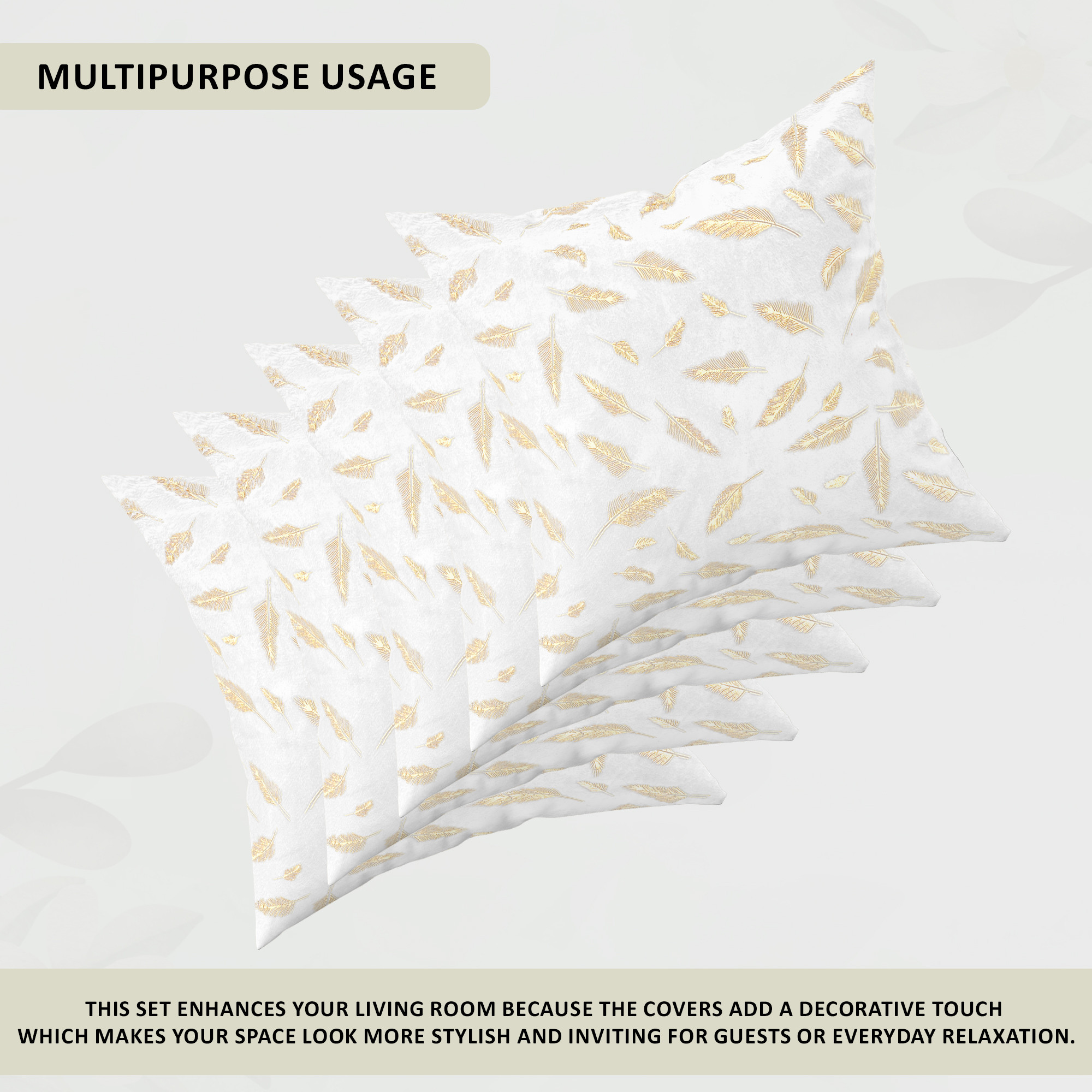 Kuber Industries Set of 5 Decorative Velvet Sofa Cushion Covers 16 inch x 16 inch with Zip  Aesthetic Sofa Pillow Cover for Home  Office  Golden Foil Leaf - White